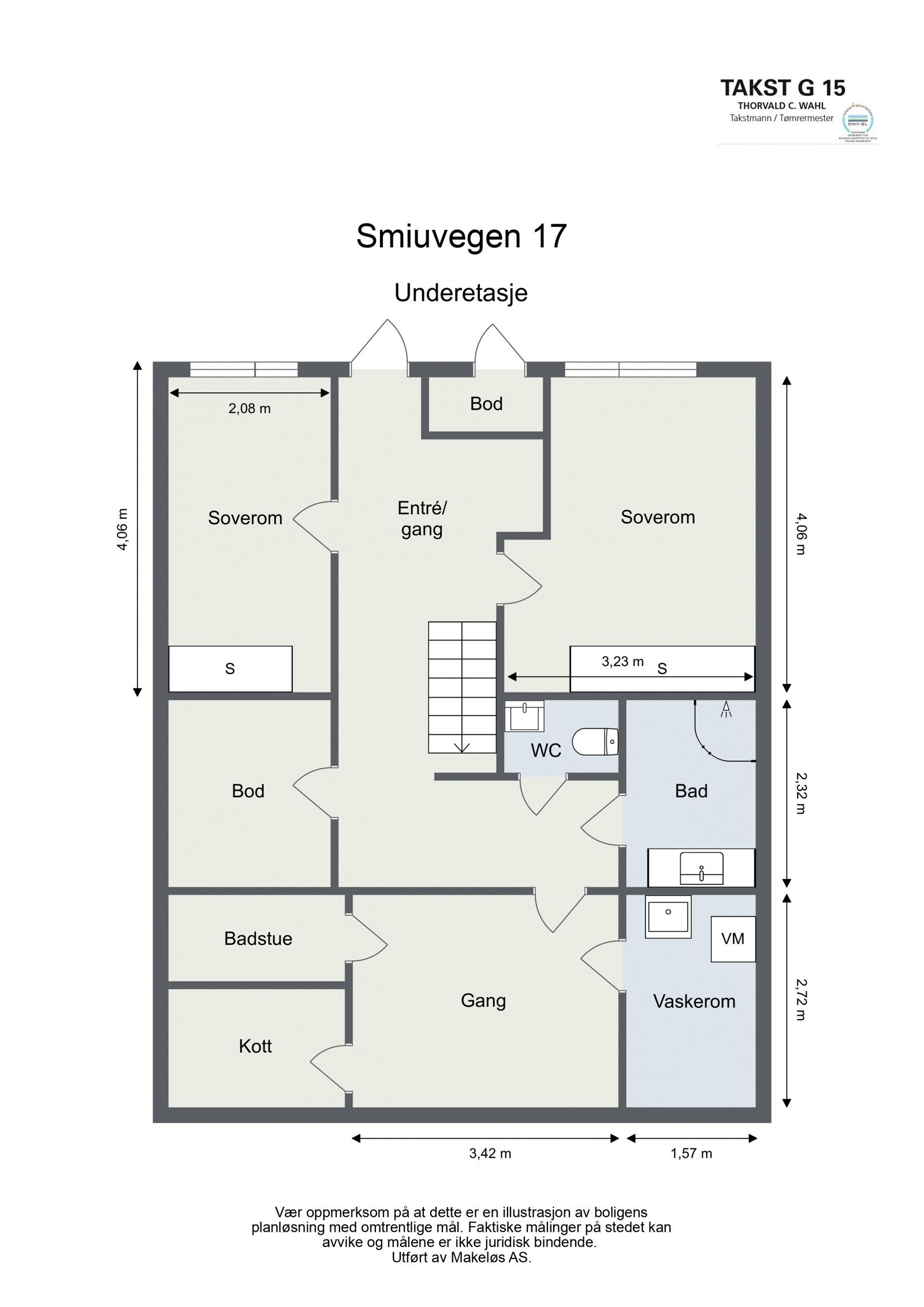 1. etasje fra inngangspartiet. 2 soverom, adskilt bad og toalett, vaskerom og 4 boder. Galleribilde