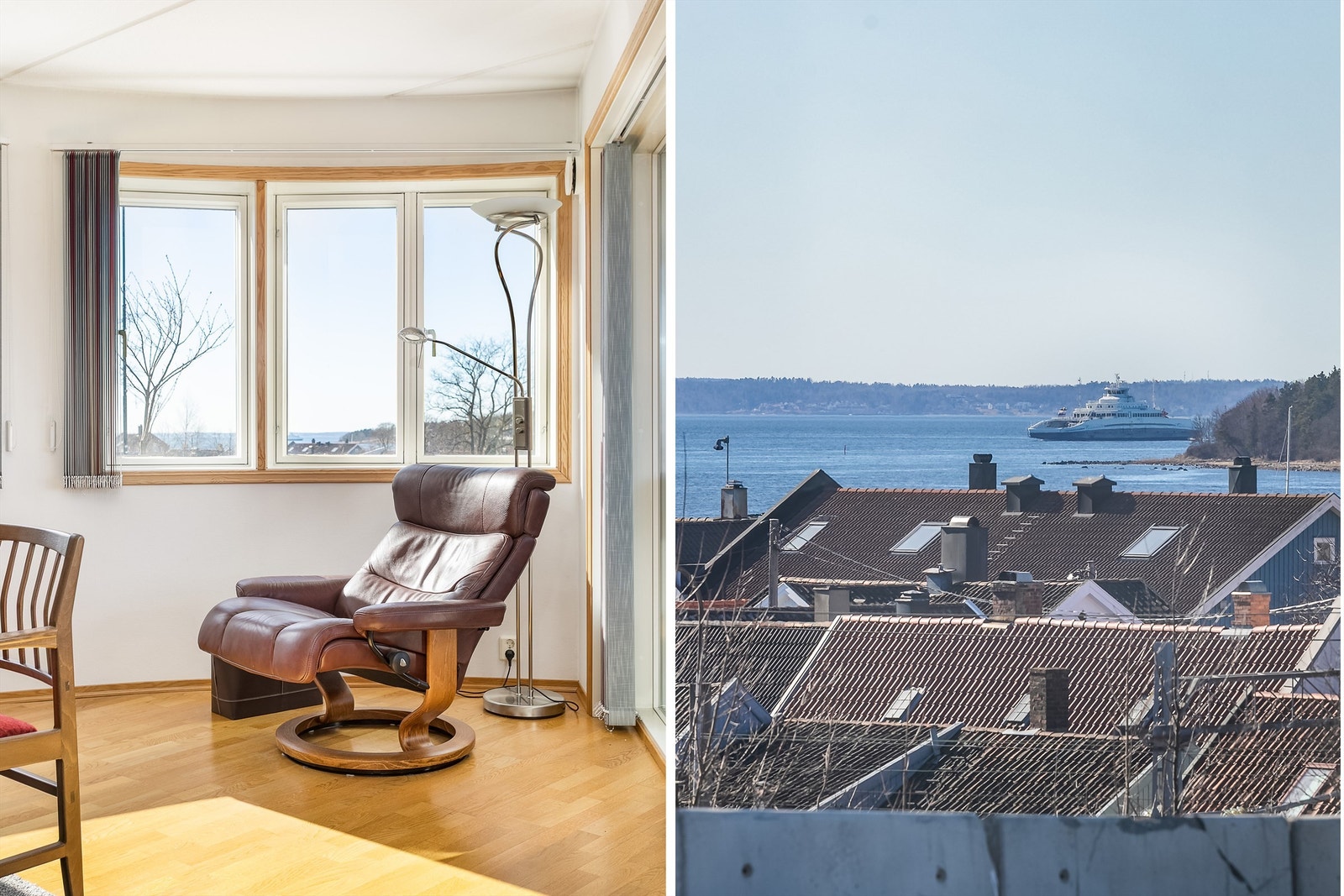 Både i stuen og ute på verandaen sees flott utsikt til Oslofjorden og Vestfold-siden. Galleribilde