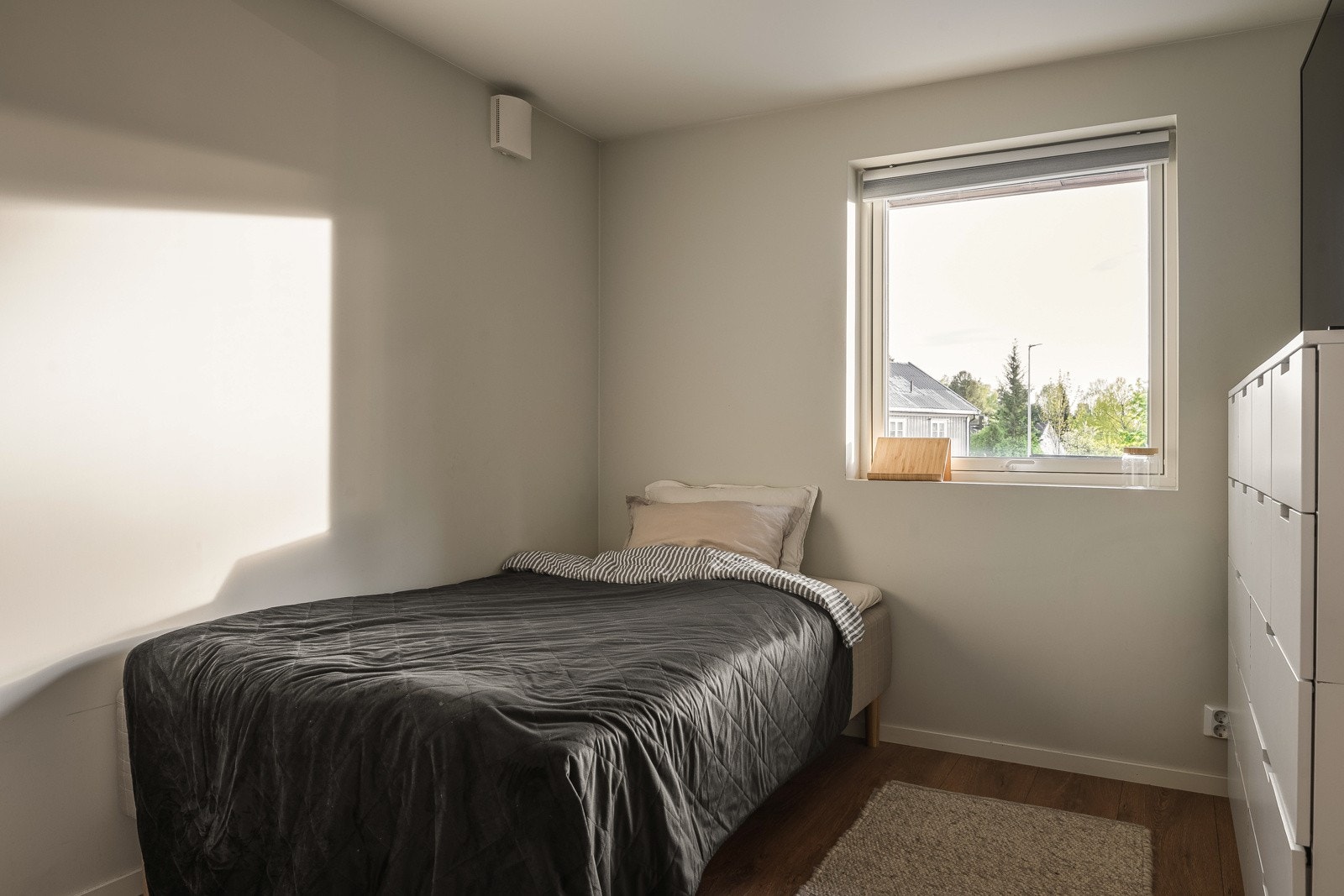 Stue/soverommet i hybelen med god plass til både sofagruppe og seng. Galleribilde