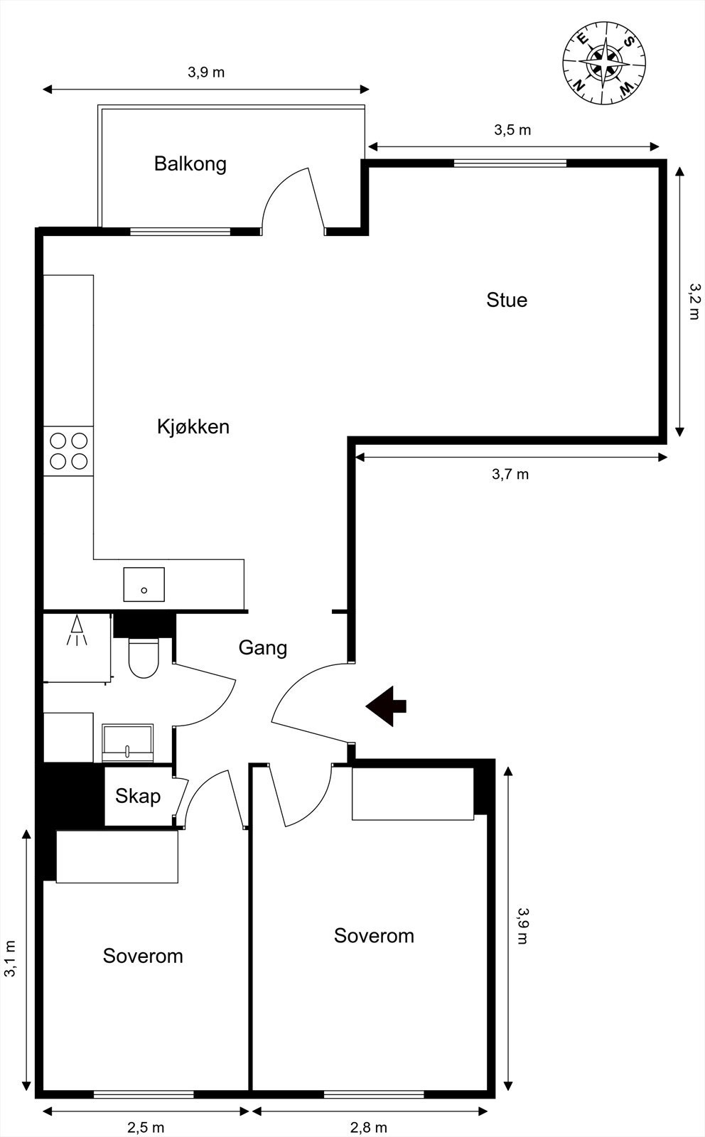 Plantegning. I tillegg disponerer leiligheten to boder, én på loft og én i kjeller. Galleribilde