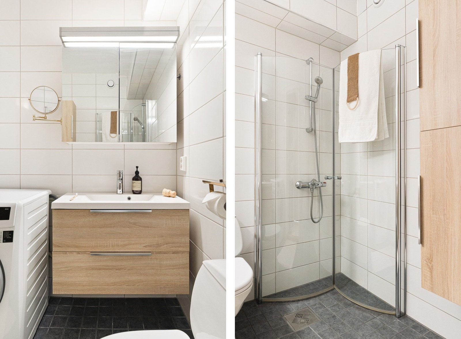 På badet er det servant med innredning, speilskap, høyskap, toalett, dusjhjørne og opplegg for vaskemaskin. Galleribilde