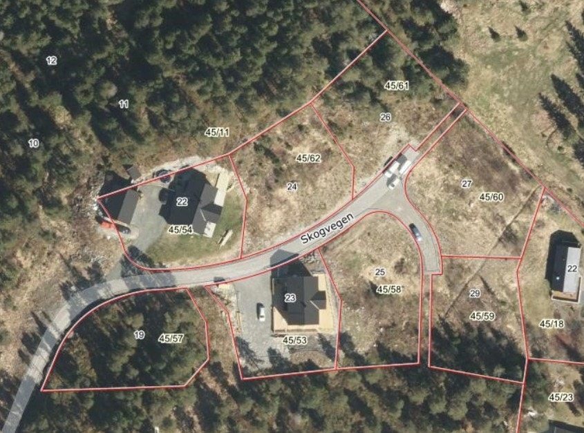 Flyfoto med eiendomsgrenser for Skogvegen Galleribilde