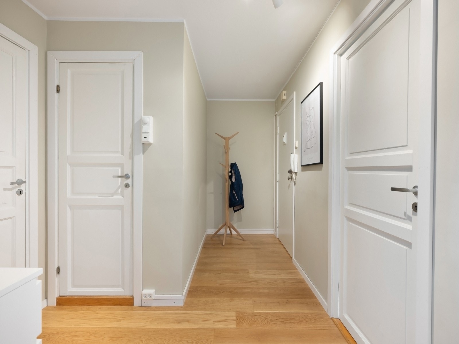 Innbydende entré med plass til oppheng av yttertøy og oppbevaring av sko Galleribilde