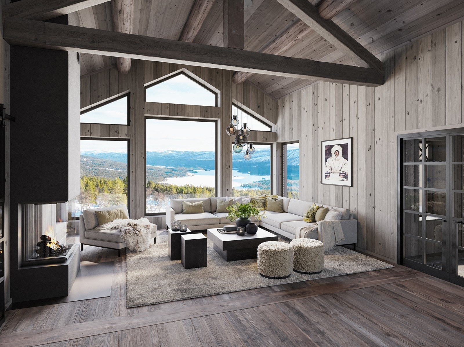 Flott stue med store vindusflater og god takhøyde. Bilde er illustrasjon og avvik kan forekomme Galleribilde