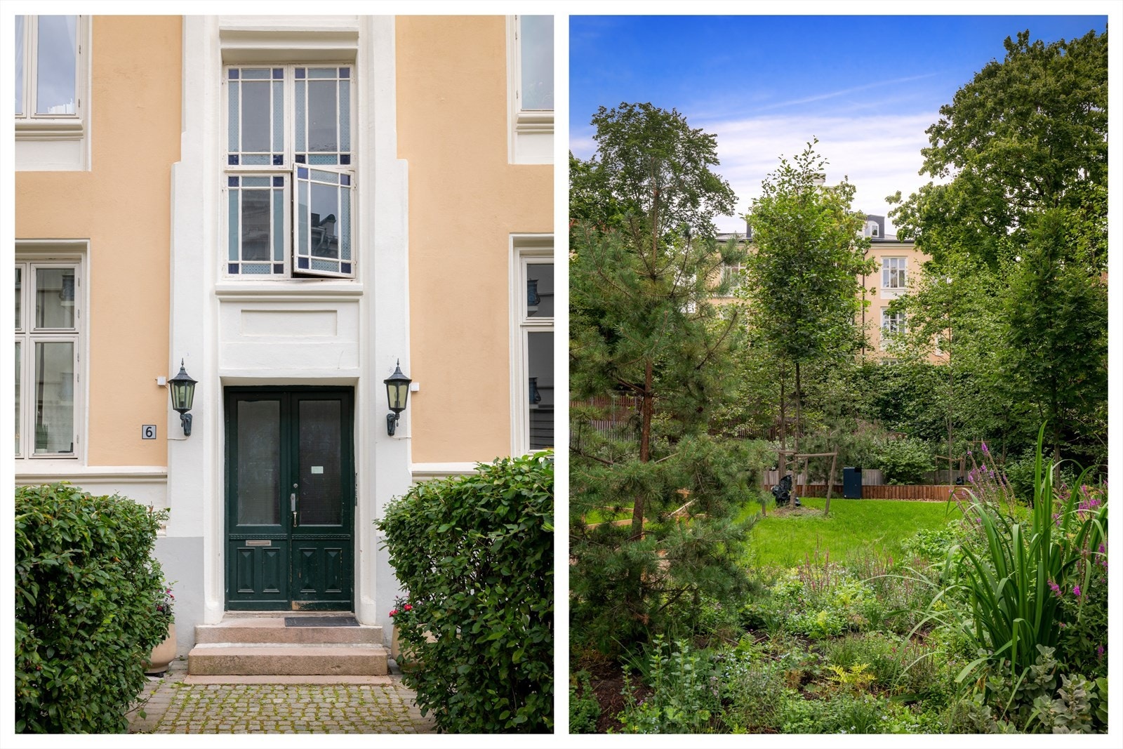 Bildet til høyre er tatt fra hagearealene til Sommerro der bygården sees mellom trærne Galleribilde