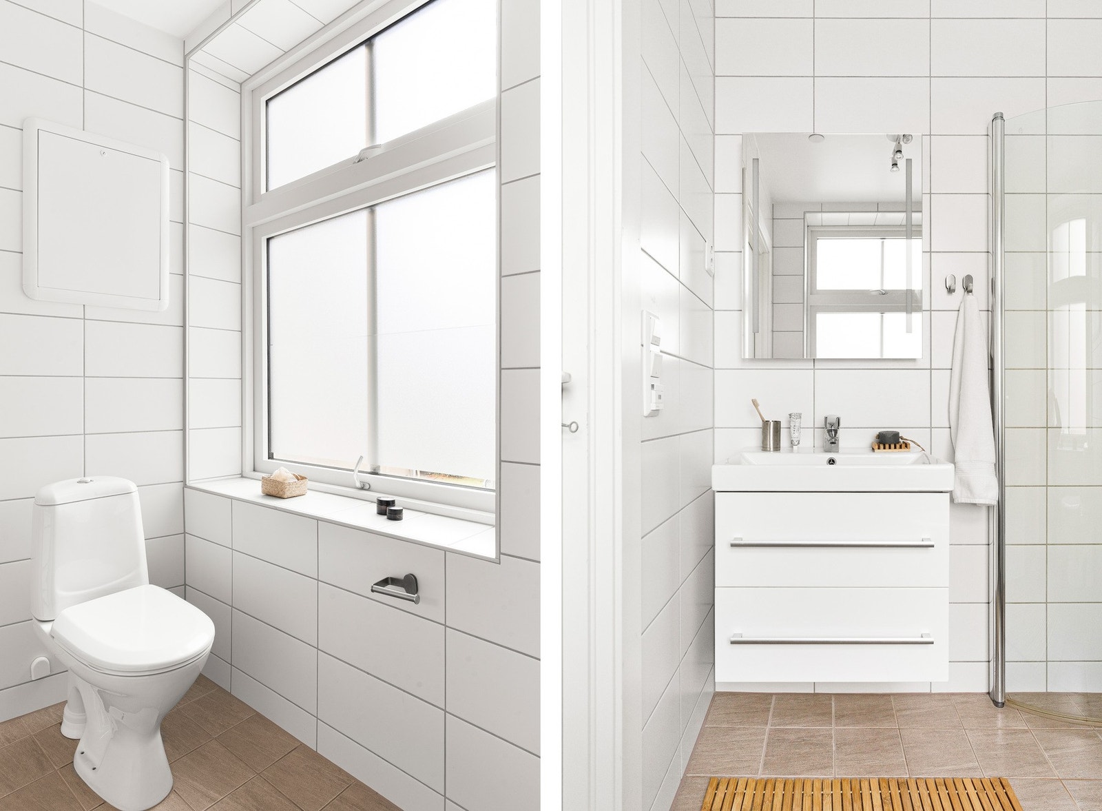 Badet er innredet med dusj m/glassvegger, vegghengt toalett, baderomsinnredning. Galleribilde