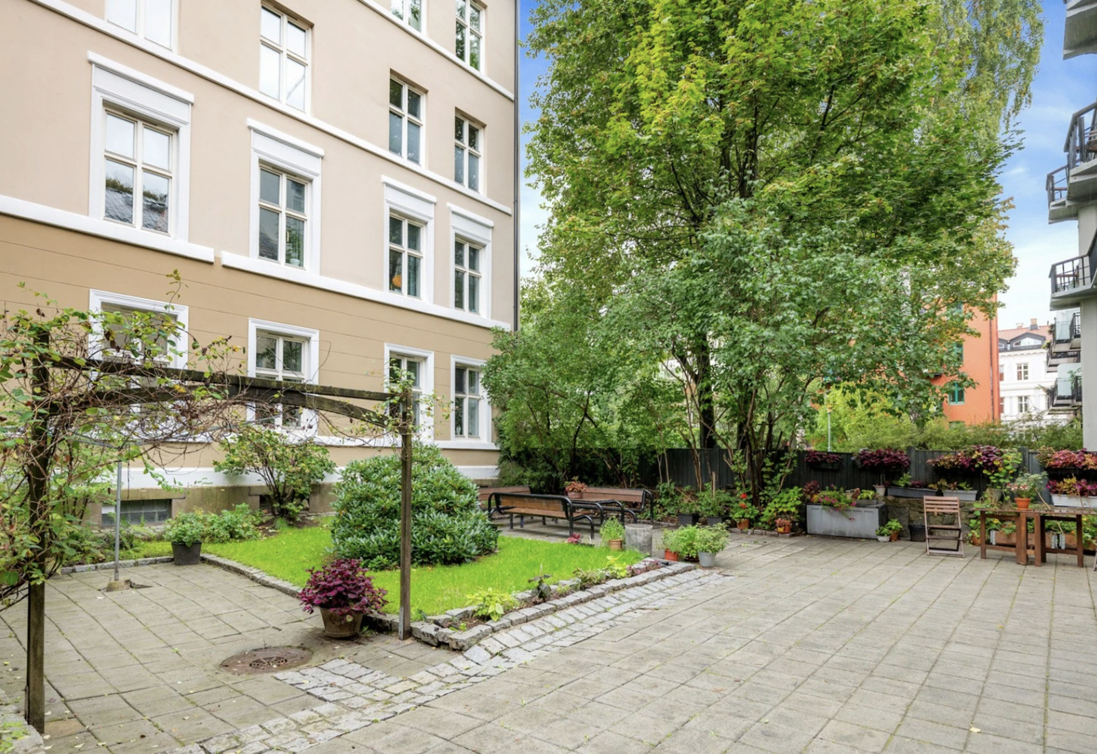 Sosial og opparbeidet bakgård med flere sitter grupper. Galleribilde