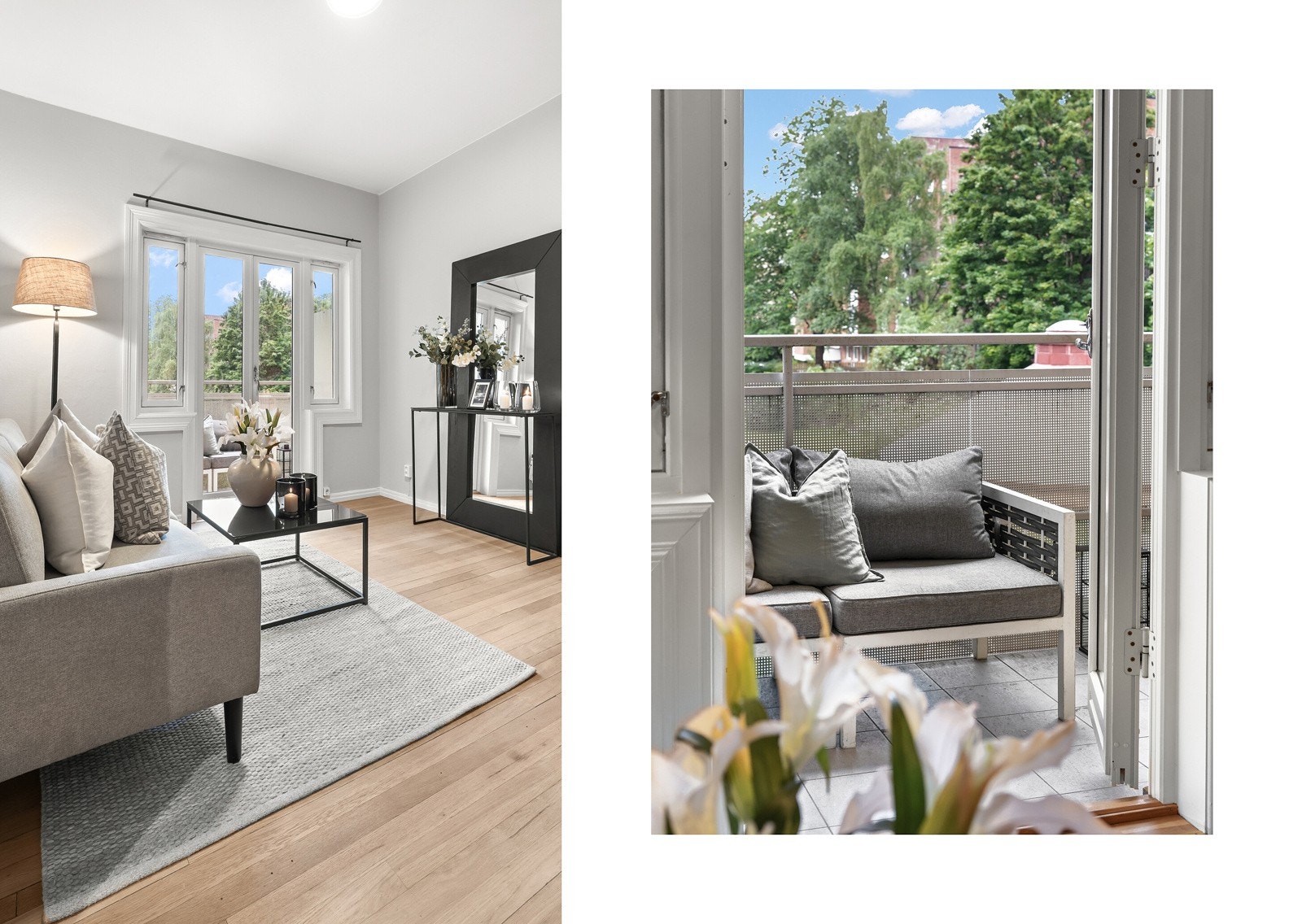 Utgang til den romslige balkongen gjør at denne kan nyttes som en forlengelse av stuen på varme sommerdager. Galleribilde