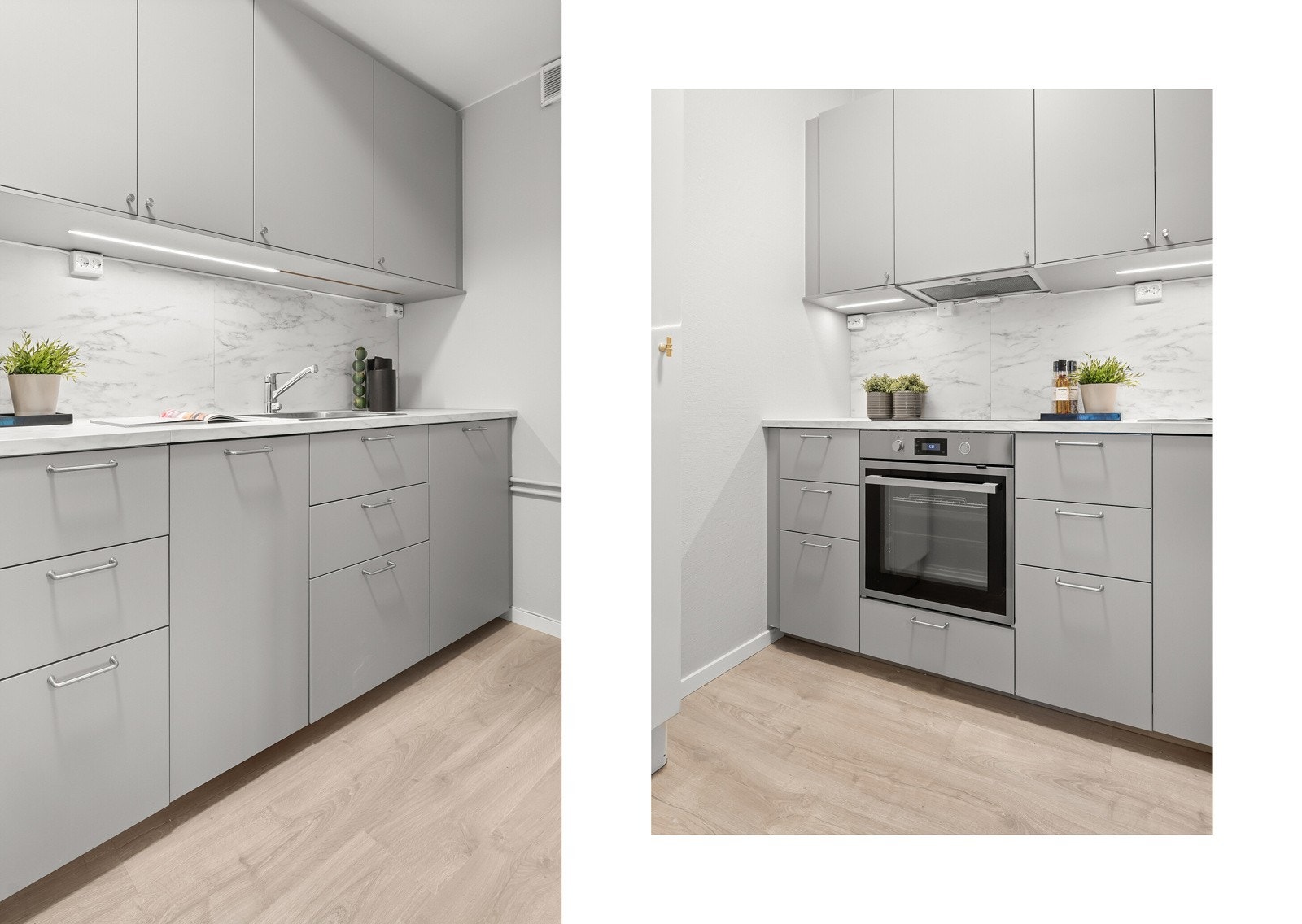 Integrerte hvitevarer består av komfyr, koketopp og oppvaskmaskin. Kjøkkenventilator med kullfilter. Galleribilde