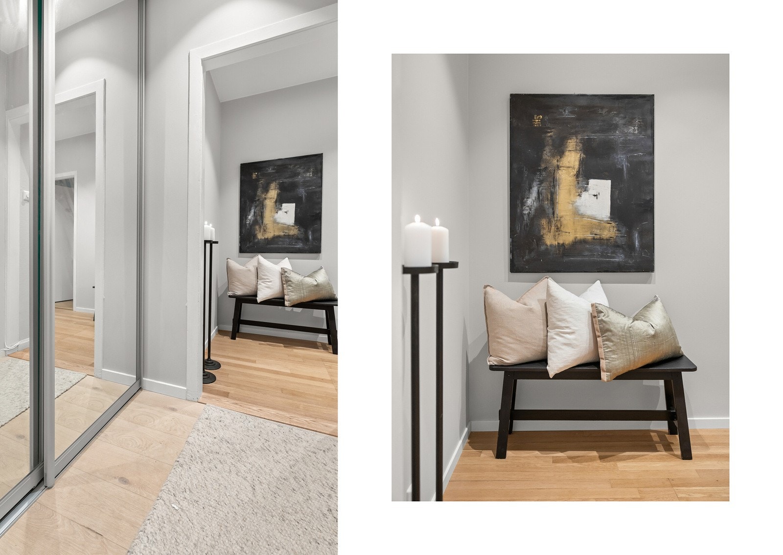 Det er rikelig med plass til yttertøyet i skyvedørsgarderoben og rom for supplerende oppbevaringsmøbel eller eksempelvis en sittebenk etter behov. Galleribilde