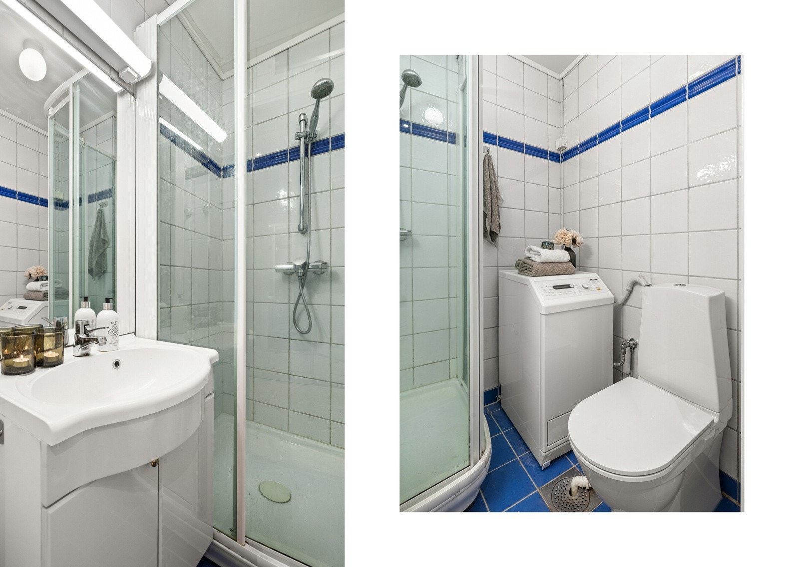 Badet er innredet med servantmøbel med skap, speil, toalett og dusjkabinett. Det er også opplegg for vaskemaskin. Galleribilde