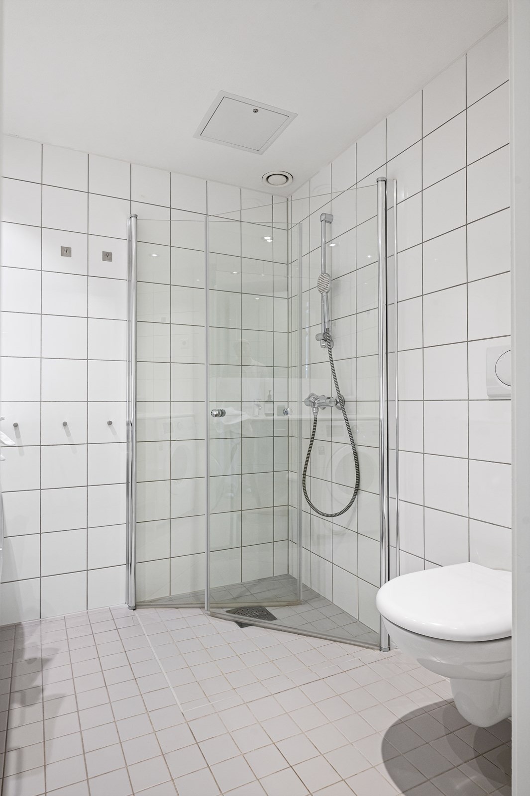 Videre er det dusjhjørne med svingbare glassdører og vegghengt klosett. Galleribilde