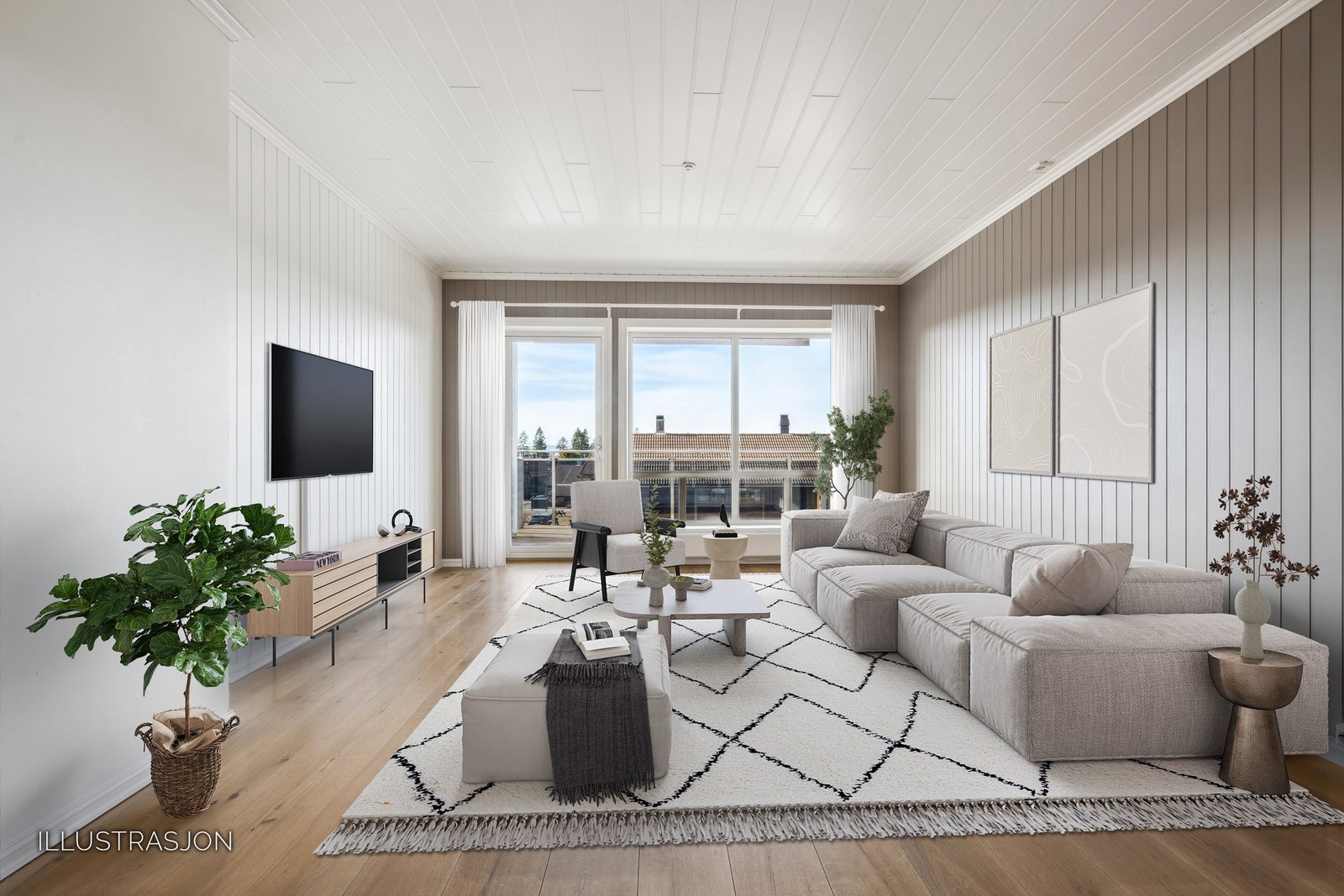 Romslig stue med store vinduer som gir mye naturlig lys - Bildet er digitalt stylet Galleribilde