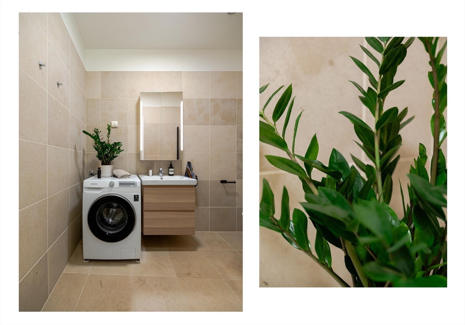 Hele rommet er flislagt i nøytrale, varme toner. Her finner du en romslig servantinnredning med god oppbevaringsplass, speilskap med integrert belysning, samt veggmontert klosett. Galleribilde