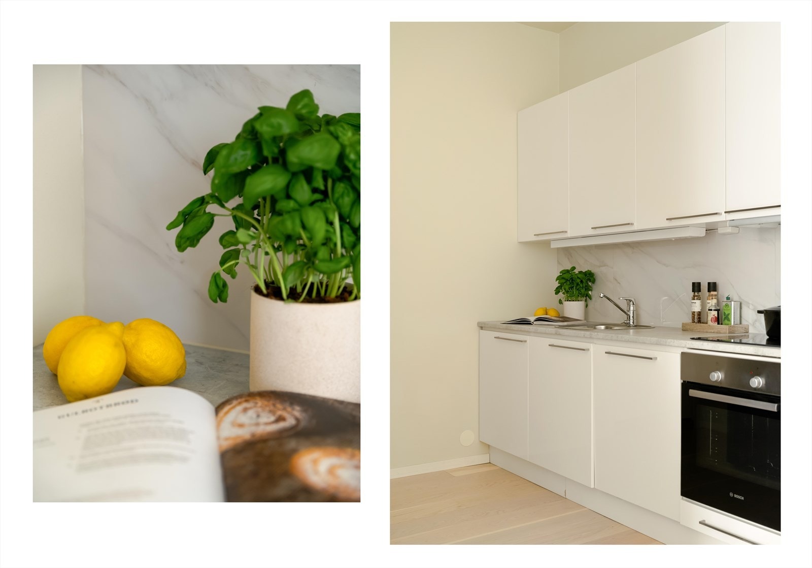 Over benken er det fliser på vegg som gir en praktisk og elegant arbeidsflate. Det er belysning i form av lysstoffrør under overskapene. Galleribilde