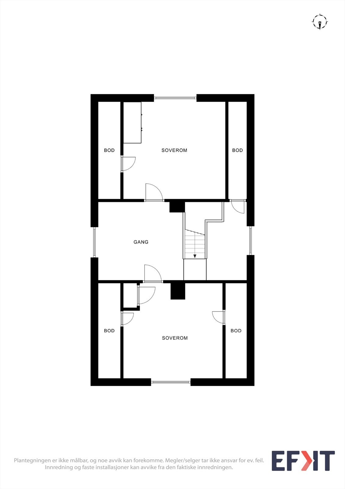 Andre etasje inneholder to soverom, gang og rikelig med lagring i kott. Galleribilde