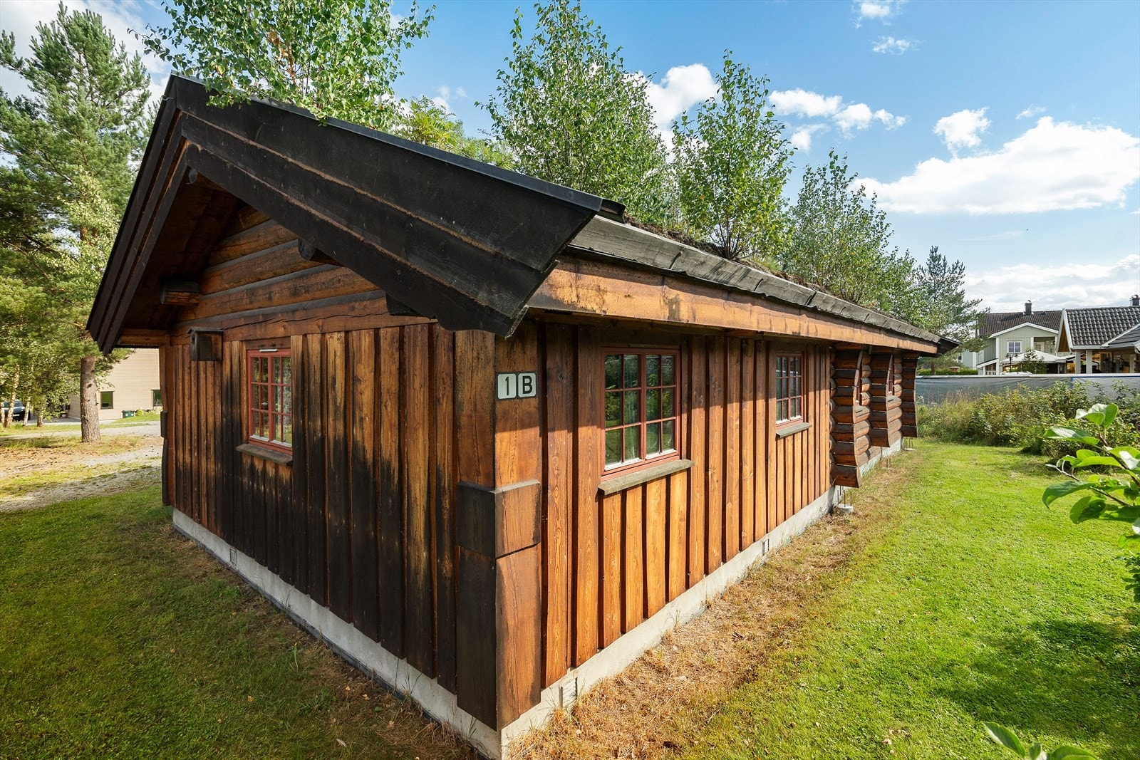 Pent opparbeidet uteområde med gressplen og beplantning. Galleribilde