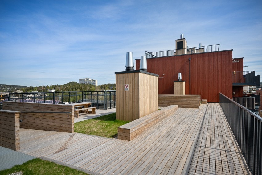 Alle byggene i Lørenskog Hageby har flotte, solrike felles takterrasser. Galleribilde