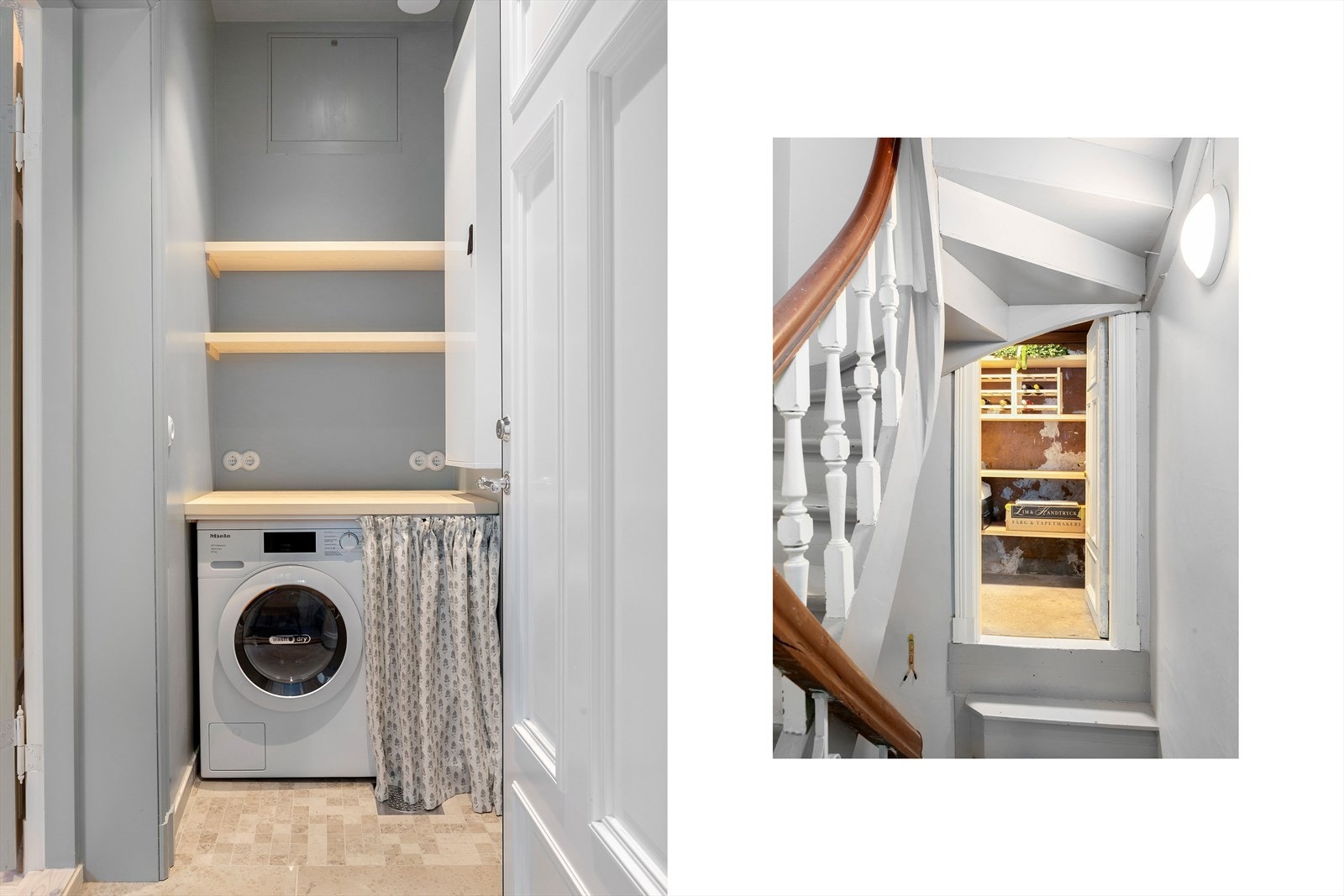 Vaskerommet ligger ved baktrappen og er praktisk innredet med spesialtilpassede hyller. Galleribilde