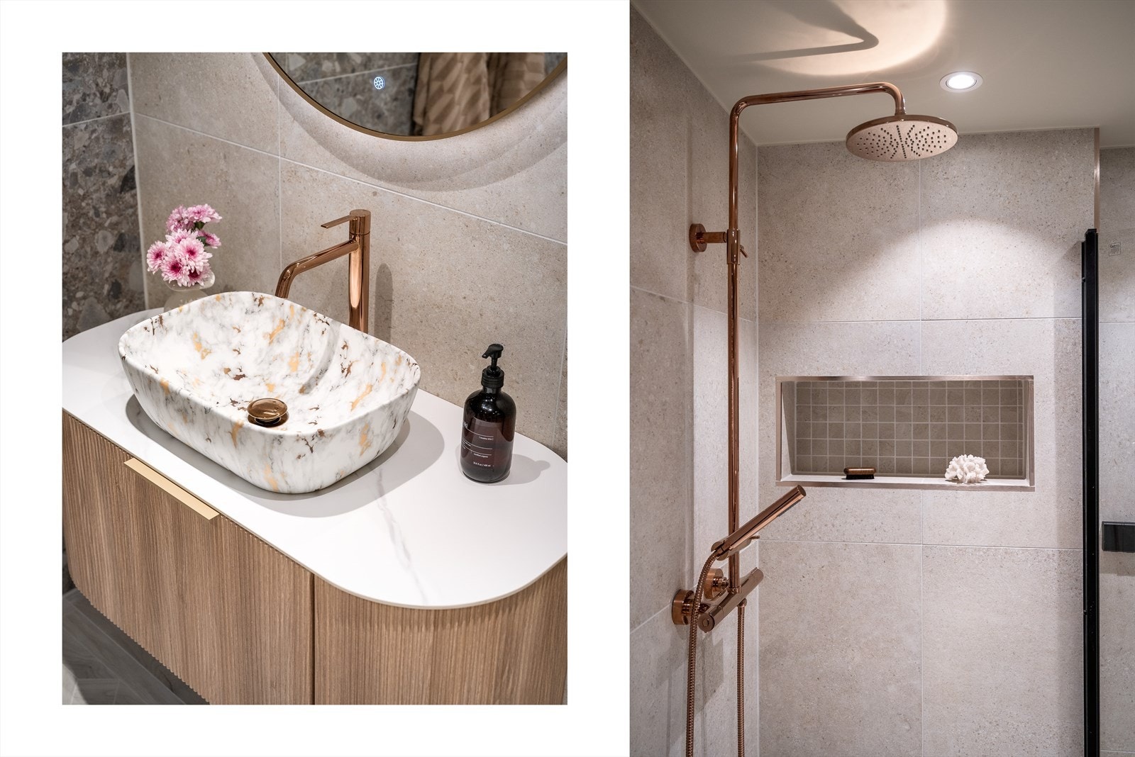 Servant og speil gir badet et elegant uttrykk, mens materialvalgene skaper en lun og tidløs atmosfære. Et rom som føles like praktisk som det er lekkert. Galleribilde