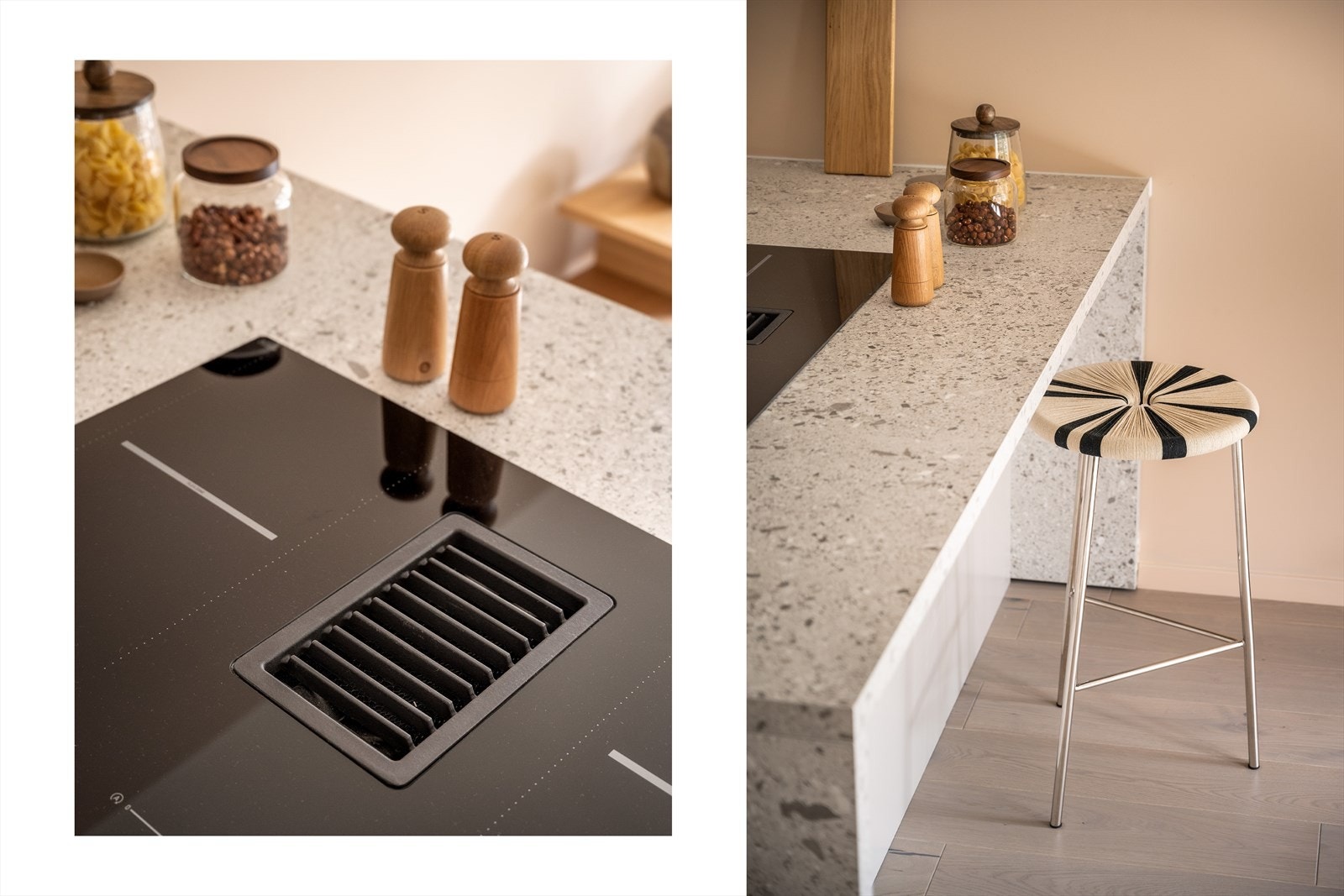 Fra kjøkkenbenken har man god oversikt, og de små detaljene i interiøret bidrar til å løfte helhetsinntrykket. Her er det hyggelig å lage mat både alene og sammen med andre. Galleribilde