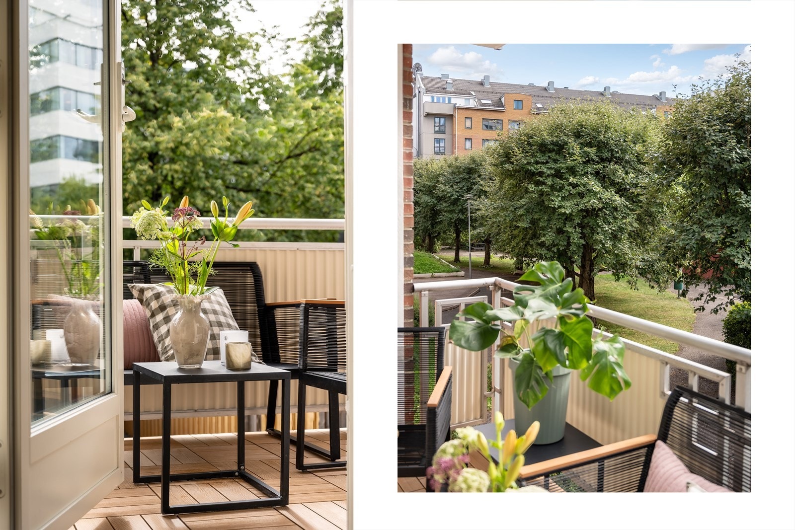 Fra balkongen ser man ut over frodige trær og nabolaget rundt. Et fredelig uterom som gir en lun og privat atmosfære midt i byen. Galleribilde