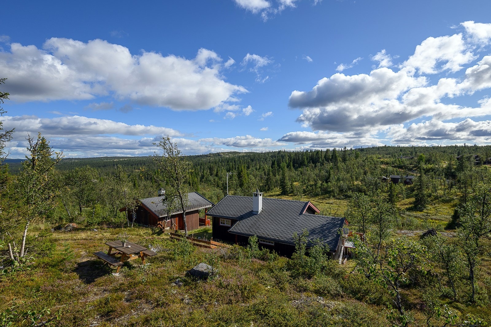 Hyggelig utsiktsplass med rasteplassers på haugen på oversiden av hytta. Galleribilde