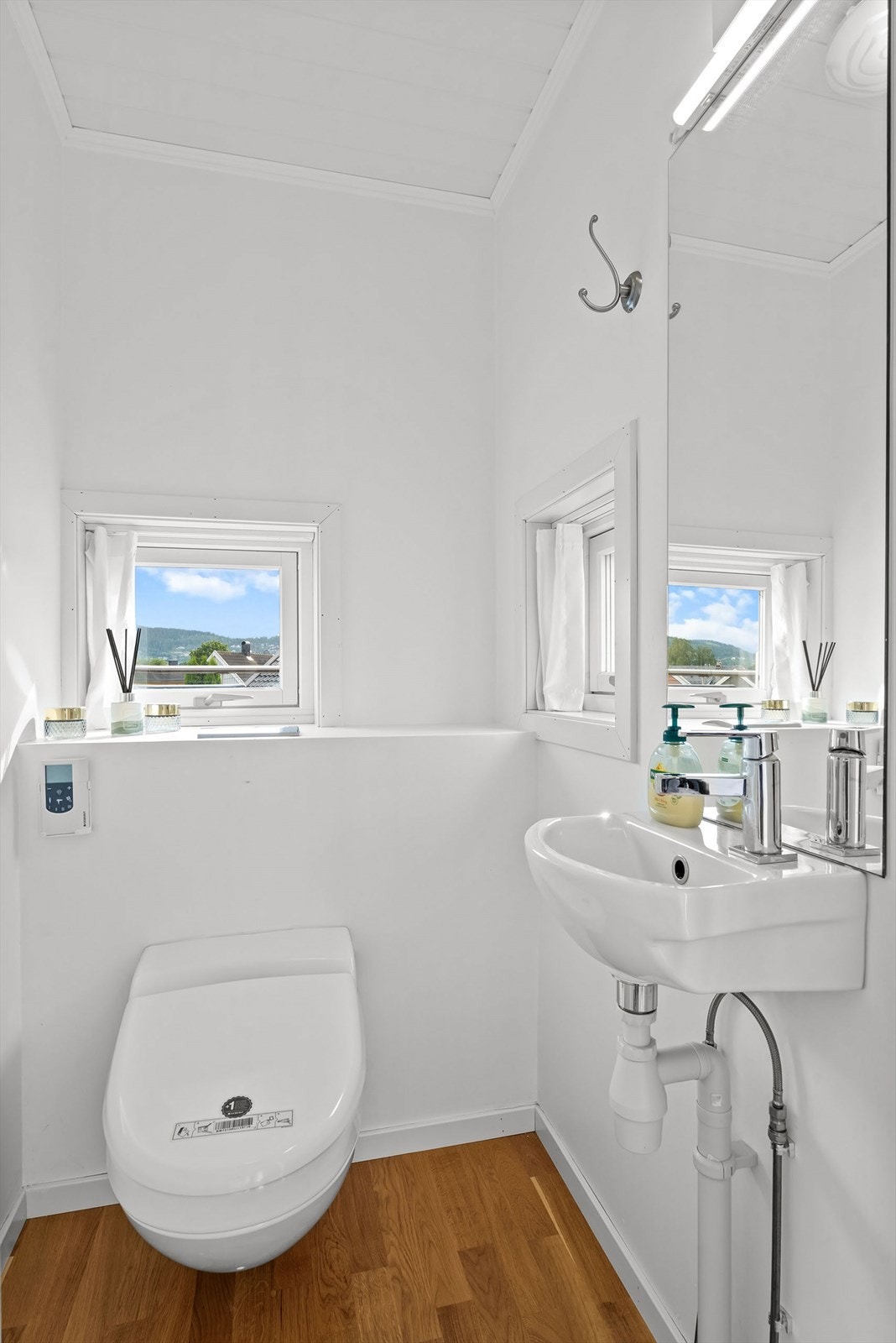 Toalettrom innredet med servant og veggfestet klosett med innebygget sisterne Galleribilde