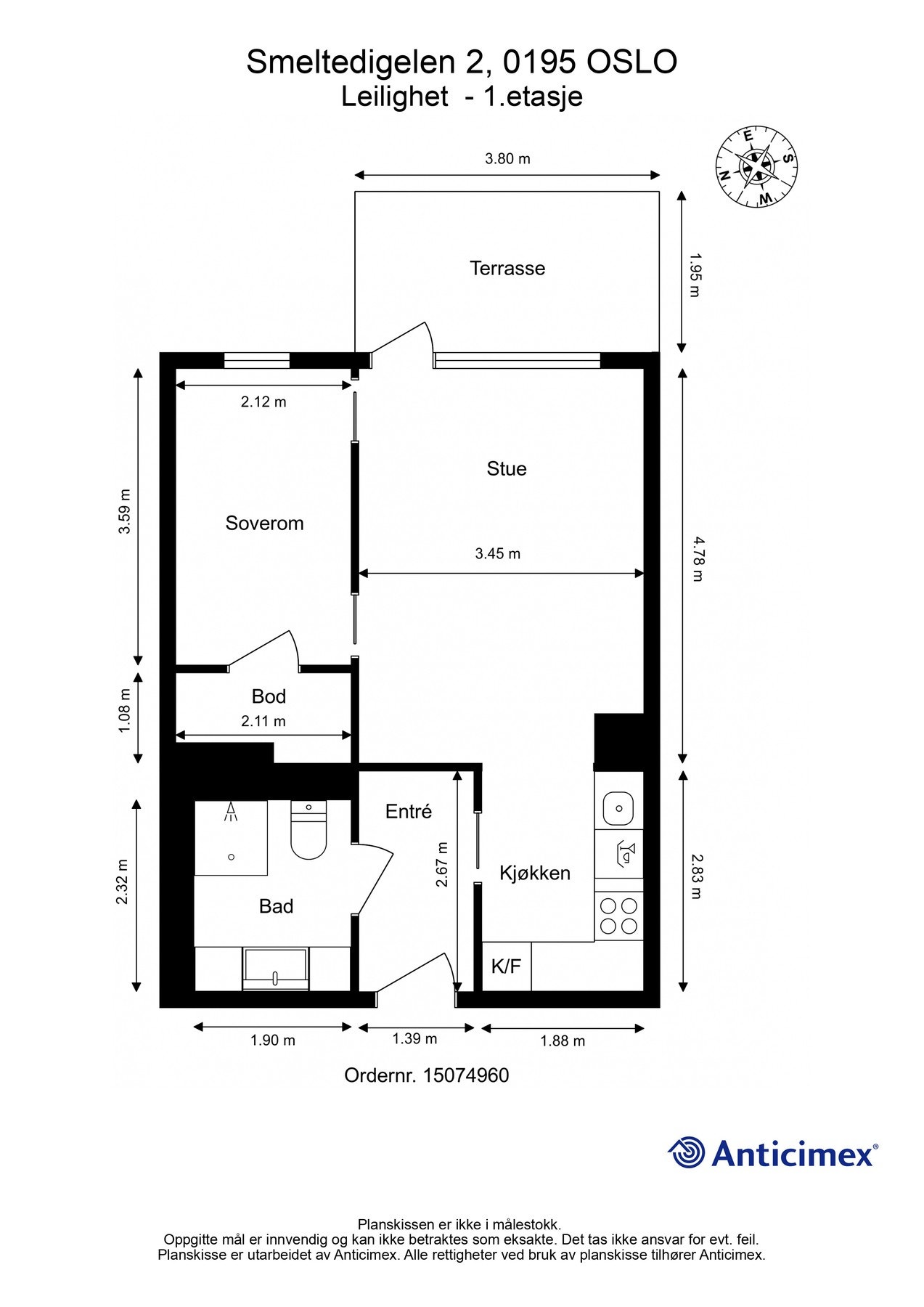Plantegning. Utgang fra stue til markterrasse på 7 kvm. Boligen disponerer i tillegg en kjellerbod på 6 kvm. Galleribilde