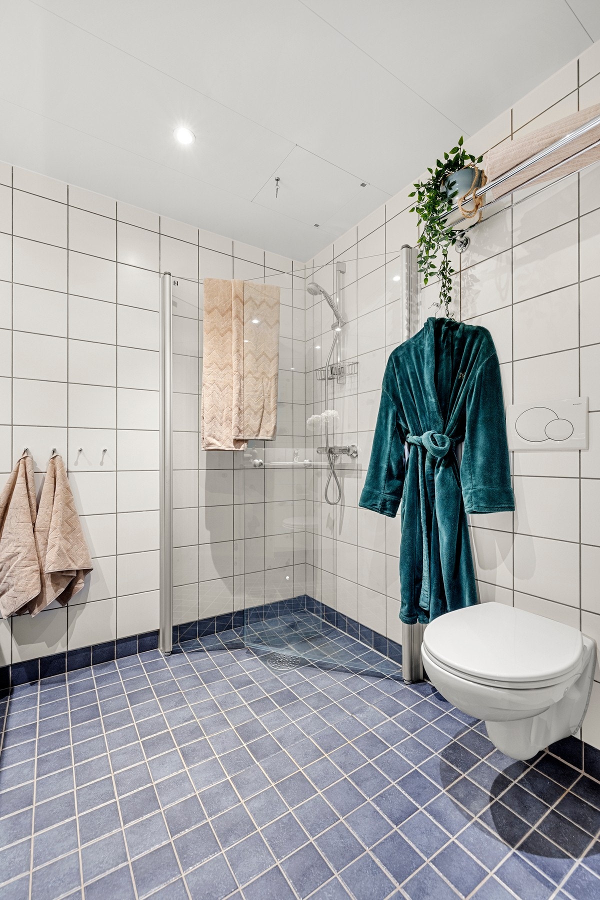 Innfellbare og plassbesparende dusjdører i glass gir en god romfølelse. Dusjarmatur tilkoblet hånddusj, og vegghengt toalett. Galleribilde