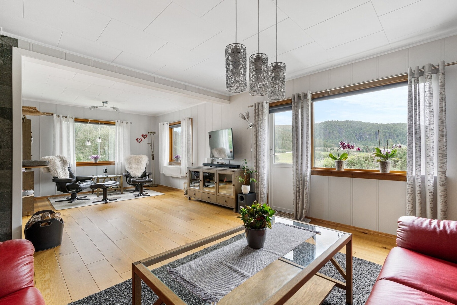 Stuen har god plass til flere soner med en egen TV-krok og en ekstra lounge eller et stort spisebord. Galleribilde