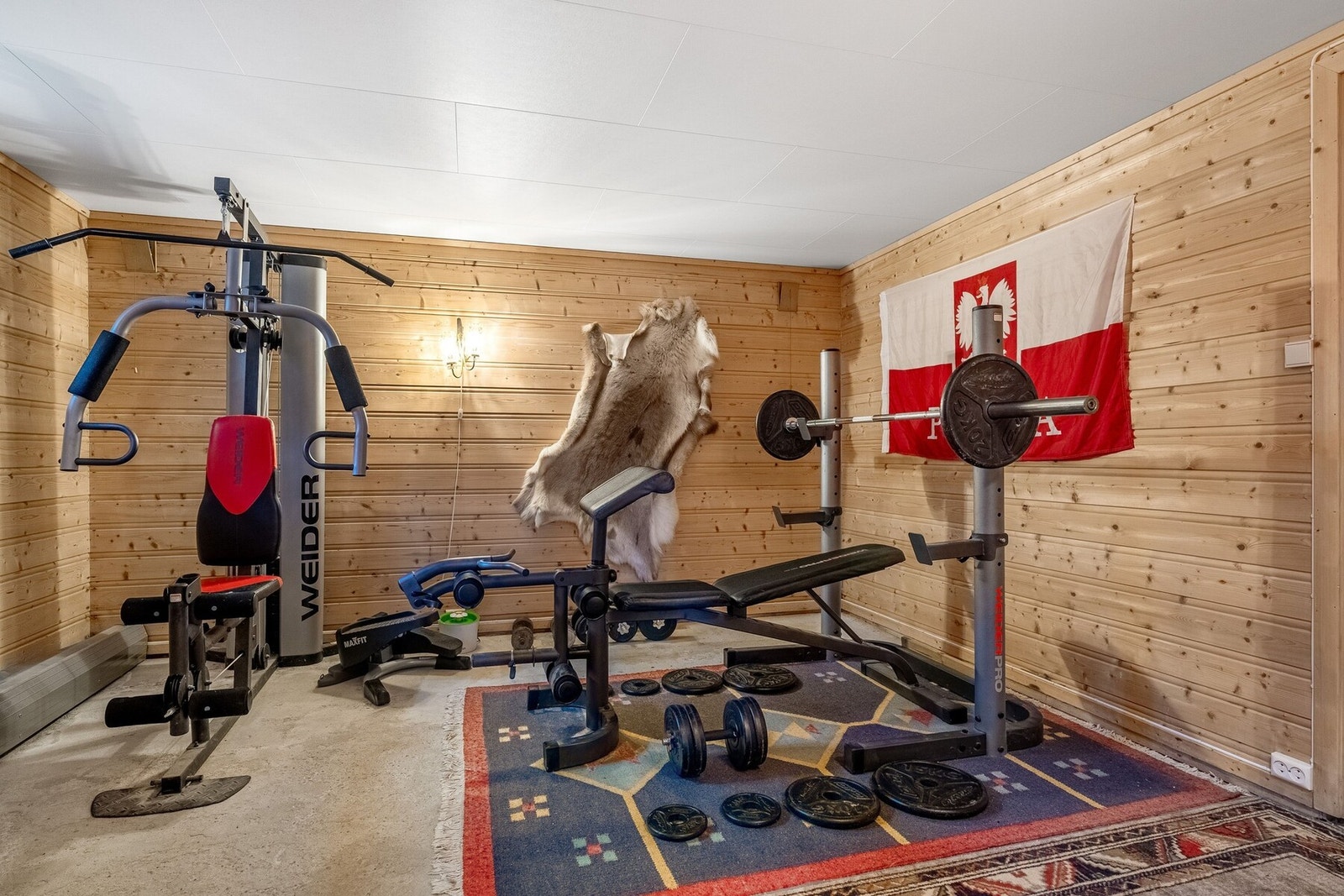 Her nede finner du en større gang med adkomst til vaskerom, potetkjeller, stort rom benyttet til lagring og et innredet rom som er benyttet til treningsrom. Galleribilde