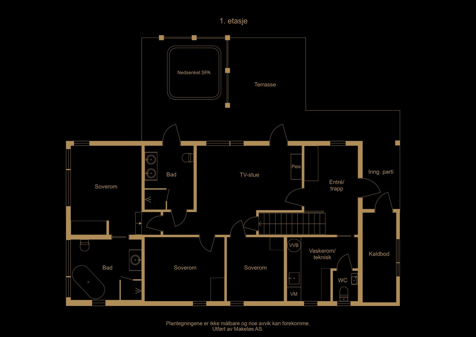 Plantegning 1. etasje (Illustrasjon, avvik kan forekomme) Nedsenket spa kan leveres som tilvalg. Galleribilde