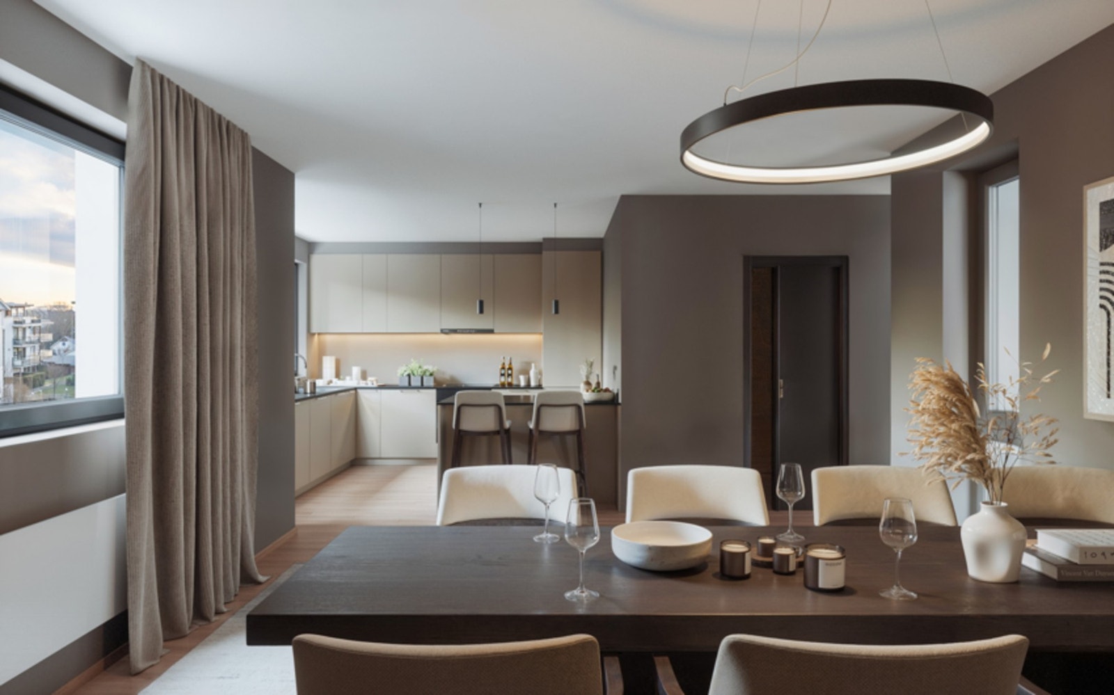 Illustrasjonsbilde kjøkken og spisestue - Boligen leveres med kjøkken fra Strai og hvitevarer fra Miele. Galleribilde