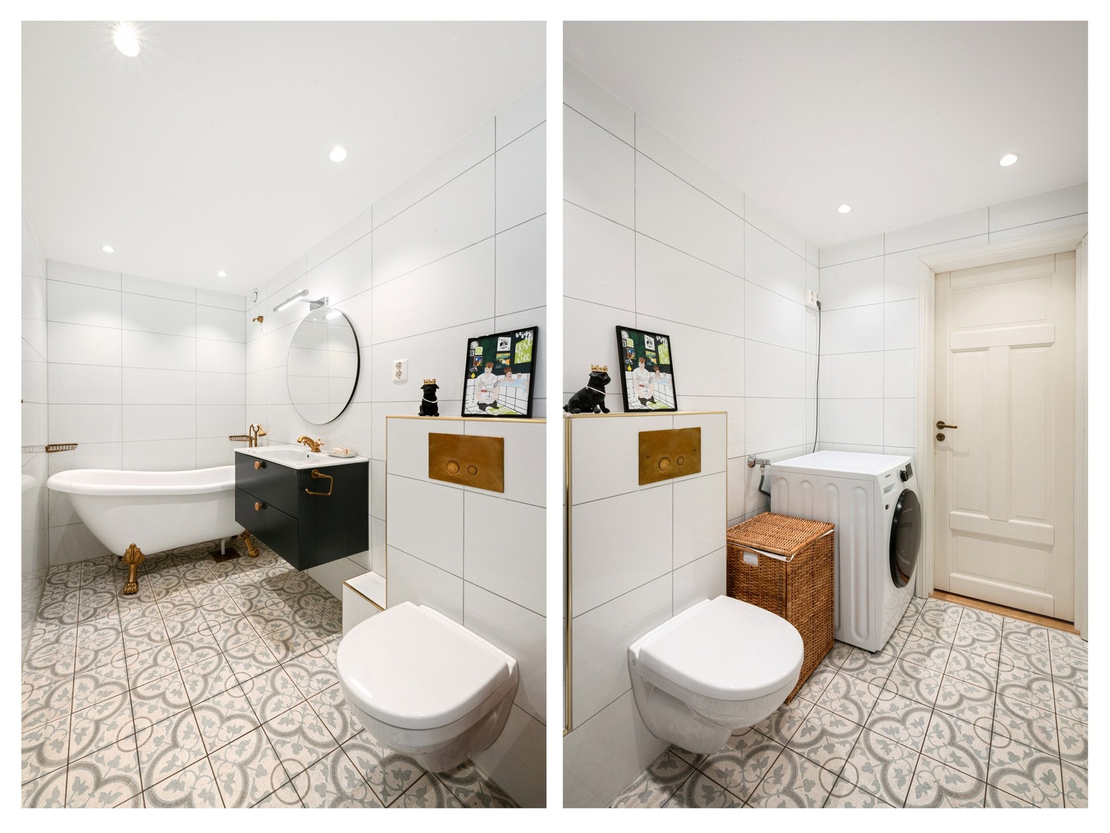 Totalrenovert bad/WC/vaskerom i 2018 av Flisekompaniet. Flisene på badegulvet er håndlaget fra merket Ulfven. Varmekabel, flislagte vegger og downlights i taket. Badet er ca. 6,7 m². Galleribilde