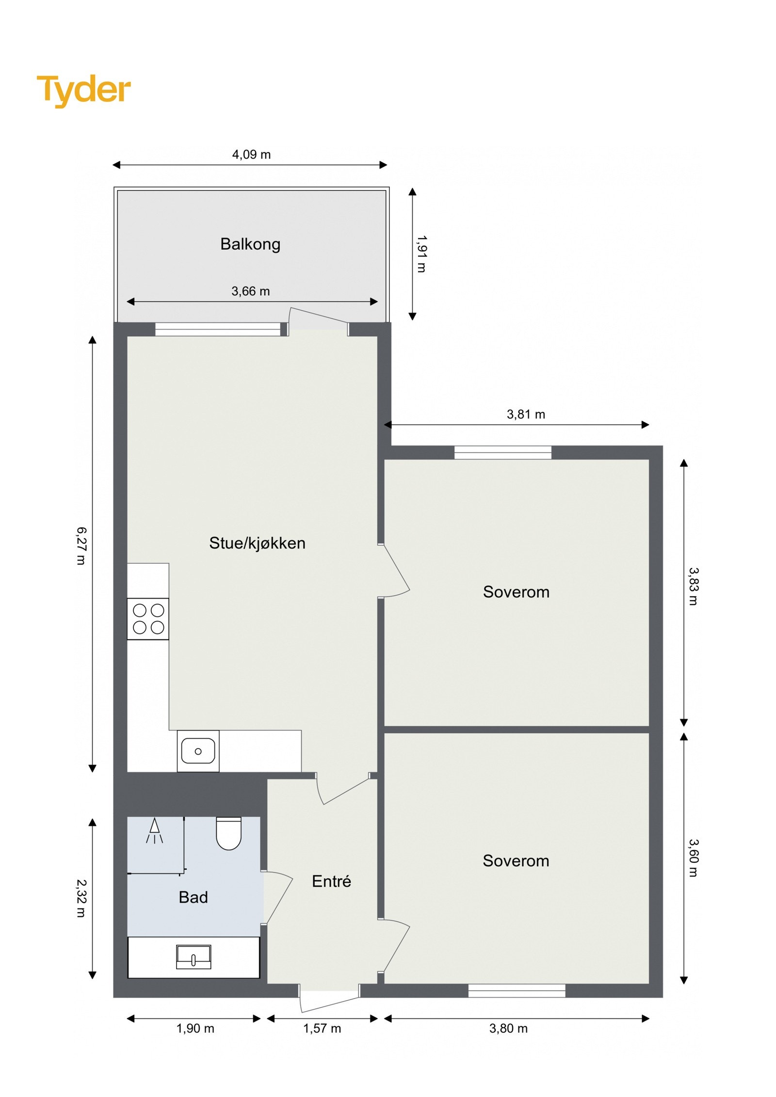 Plantegning 8. etasje med heis. I tillegg disponeres en garasjeplass i felles garasjeanlegg, samt en kjellerbod på ca. 5m². Galleribilde