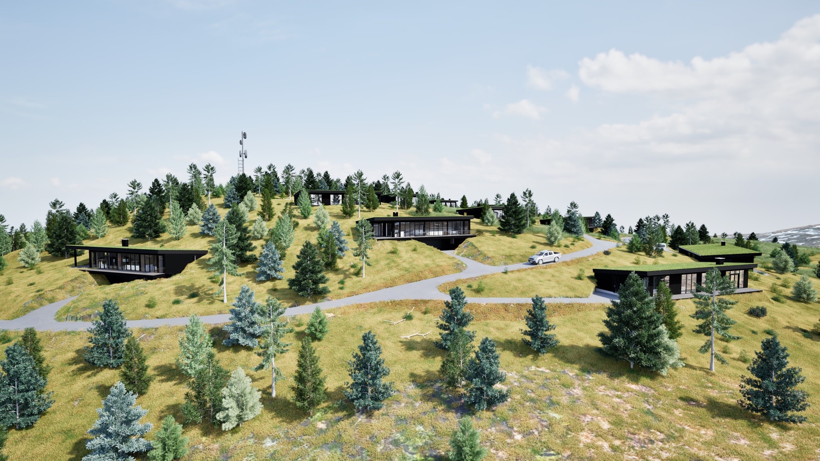 Hyttene leveres i tre modeller. To med garasje. Galleribilde