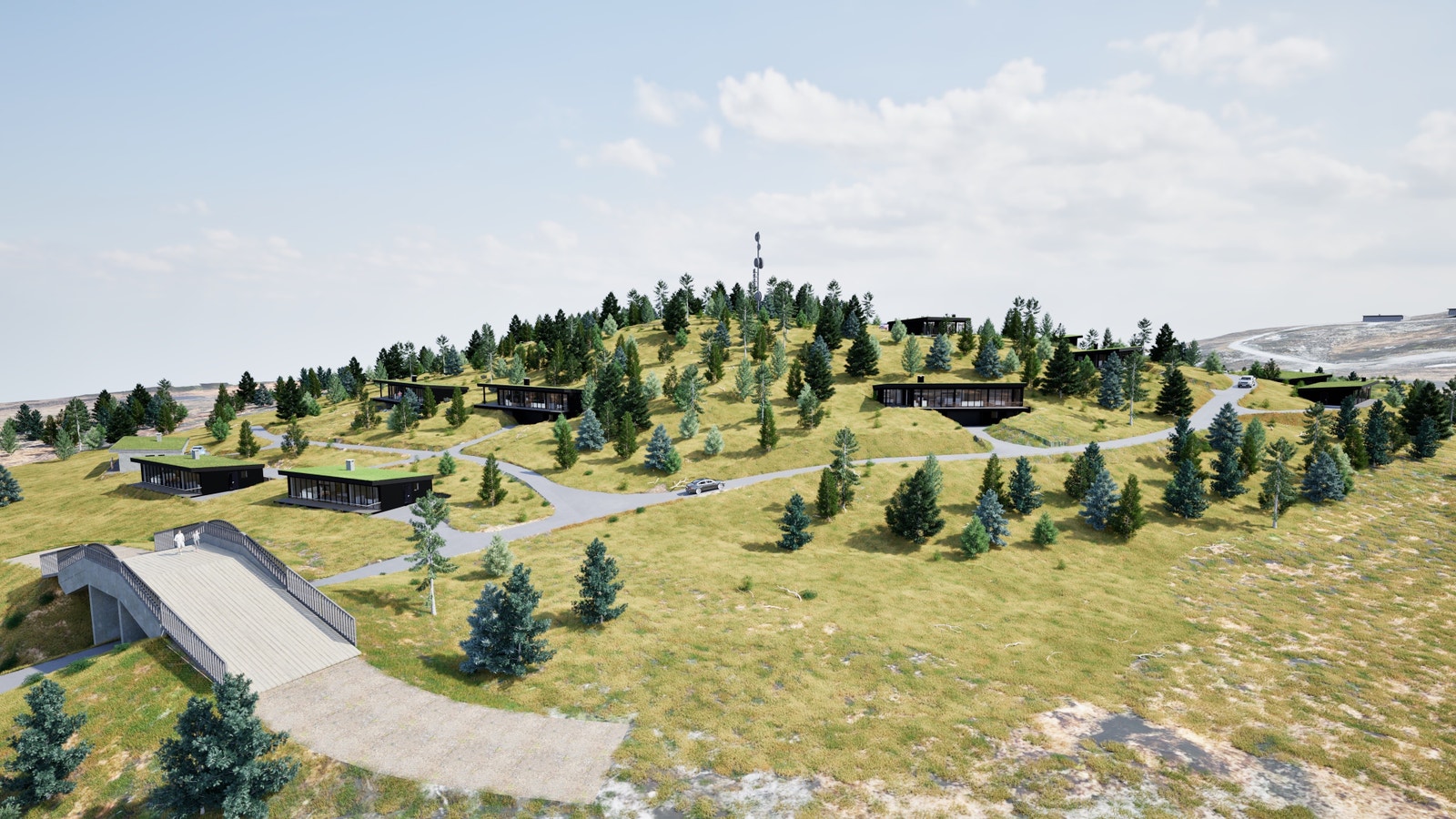 Oversikt over Høghaug. Hyttene leveres i tre modeller. To med garasje. Galleribilde