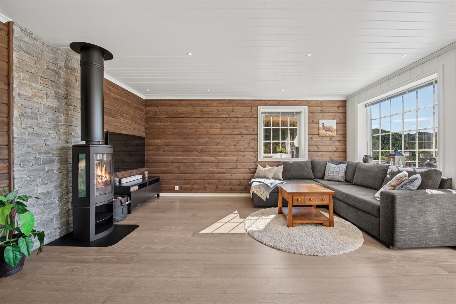 Med en moderne hytte er det ikke mye som skal til for å få det varmt, men peisovnen er ekstra deilig på kjølige dager - og gir en koselig hyttefølelse. Galleribilde