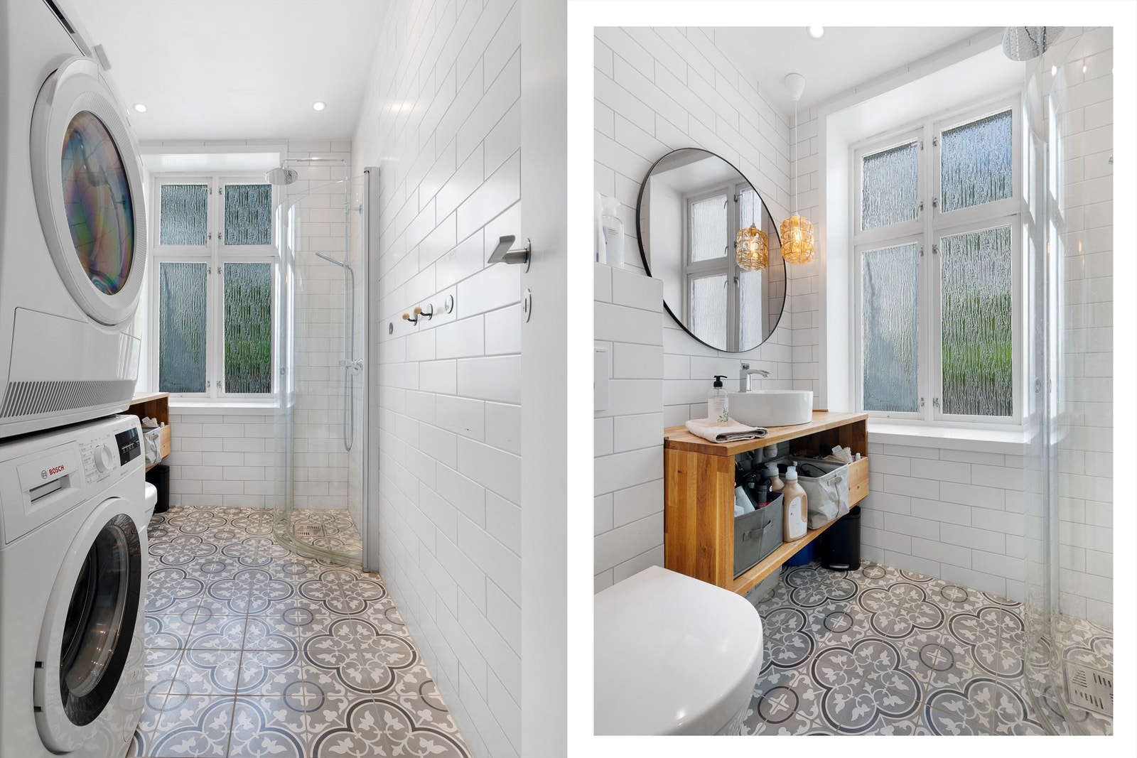 Bad med vegghengt toalett, dusjhjørne og servant med hylleskap Galleribilde