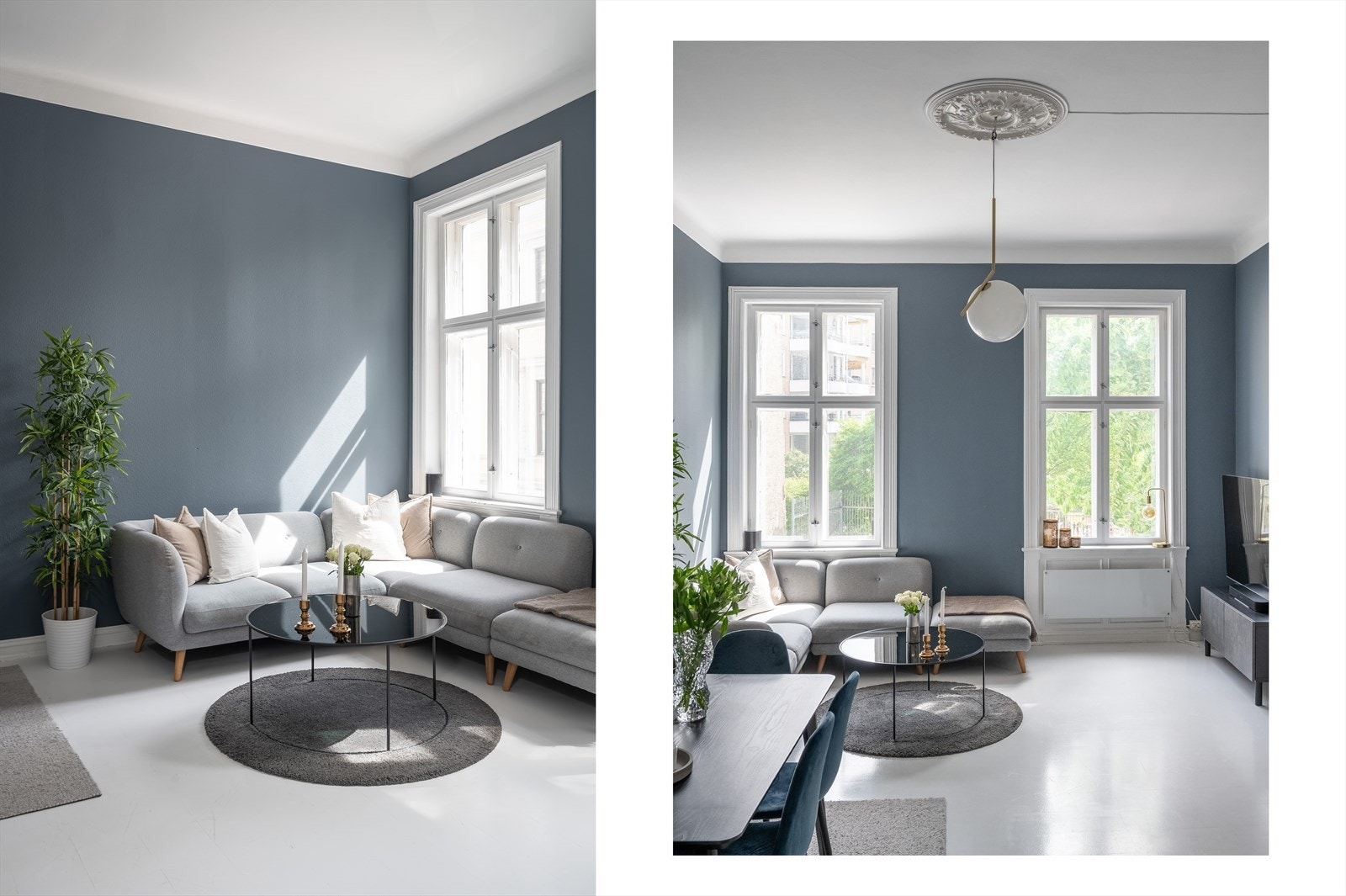 De store vindusflatene har fritt utsyn og slipper inn rikelig med naturlig lys. Rosetten i taket bidrar til rommets klassiske sjarm. Galleribilde