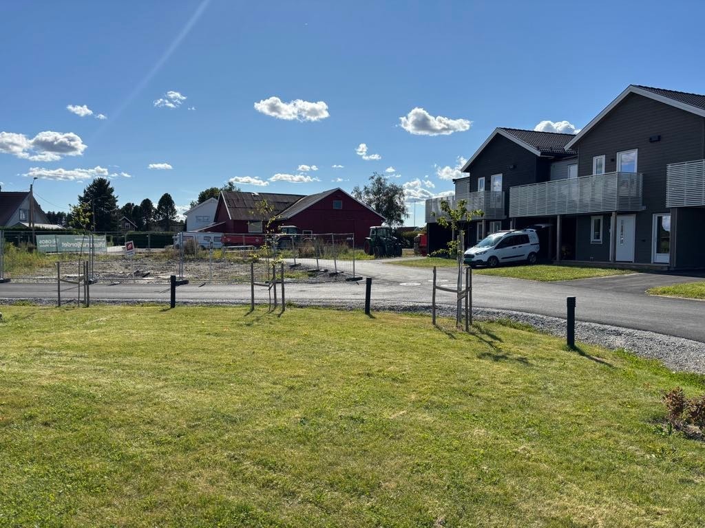 Tomten sett fra friområdet. Gårdsbygningene står i dag på tomten men skal rives. Galleribilde