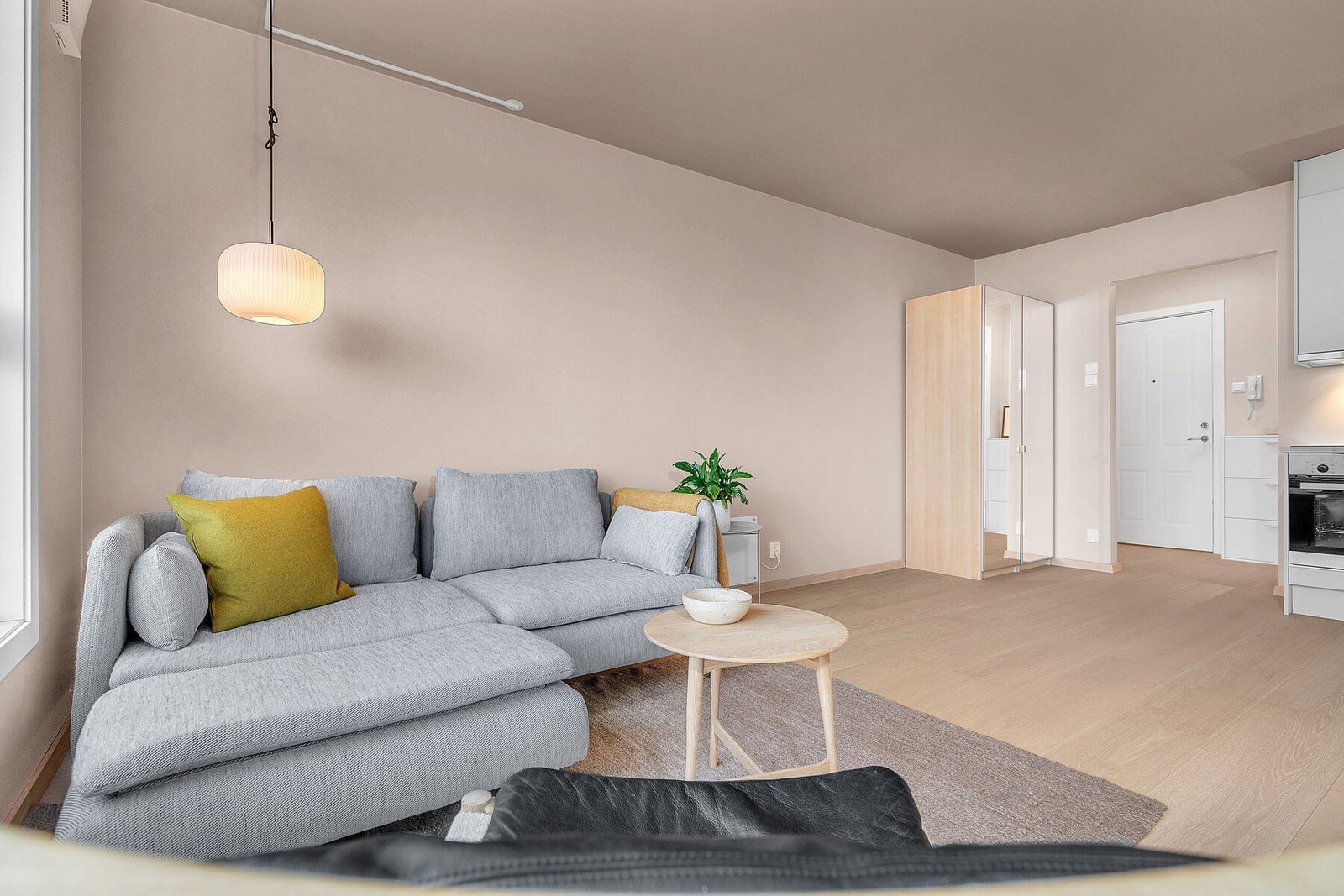 Stuen har plass til både sovesofa, garderobeskap og spisebord Galleribilde