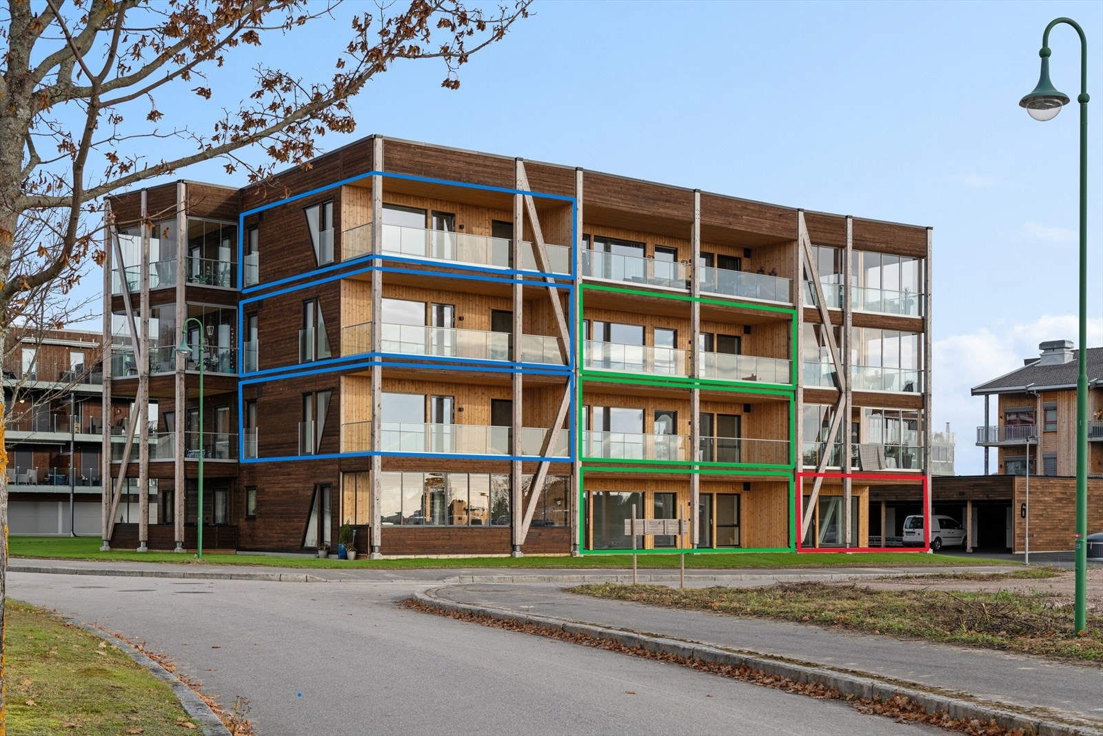 Ledige leiligheter: Blå 62 kvm, grønn 80 kvm og rød 91 kvm. Galleribilde