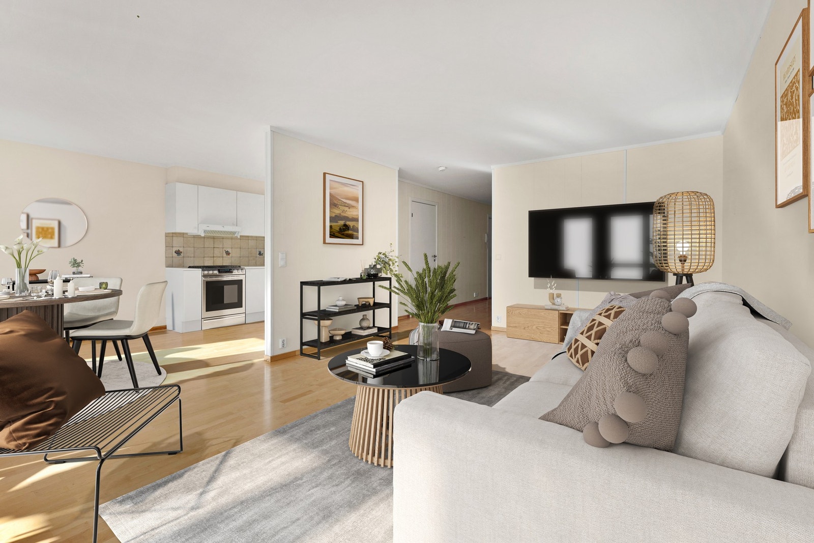 Stor og luftig stue med åpen løsning mot kjøkken - et naturlig samlingspunkt for familie og venner. Galleribilde