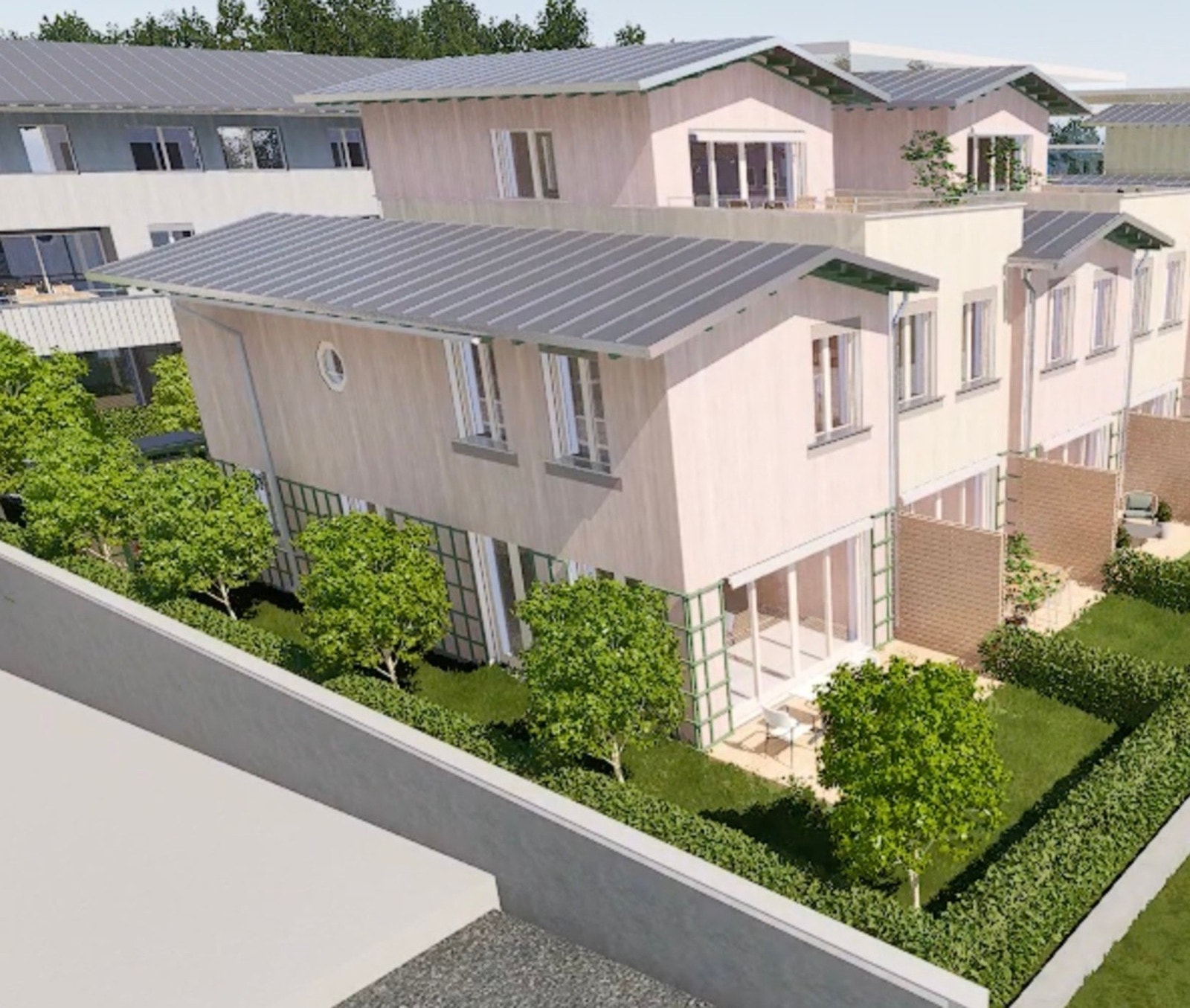 Bildet er tatt fra utbyggers solmodell og viser beliggenheten og utseendet til rekkehuset. Bildet kan avvike fra ferdig leveranse Galleribilde