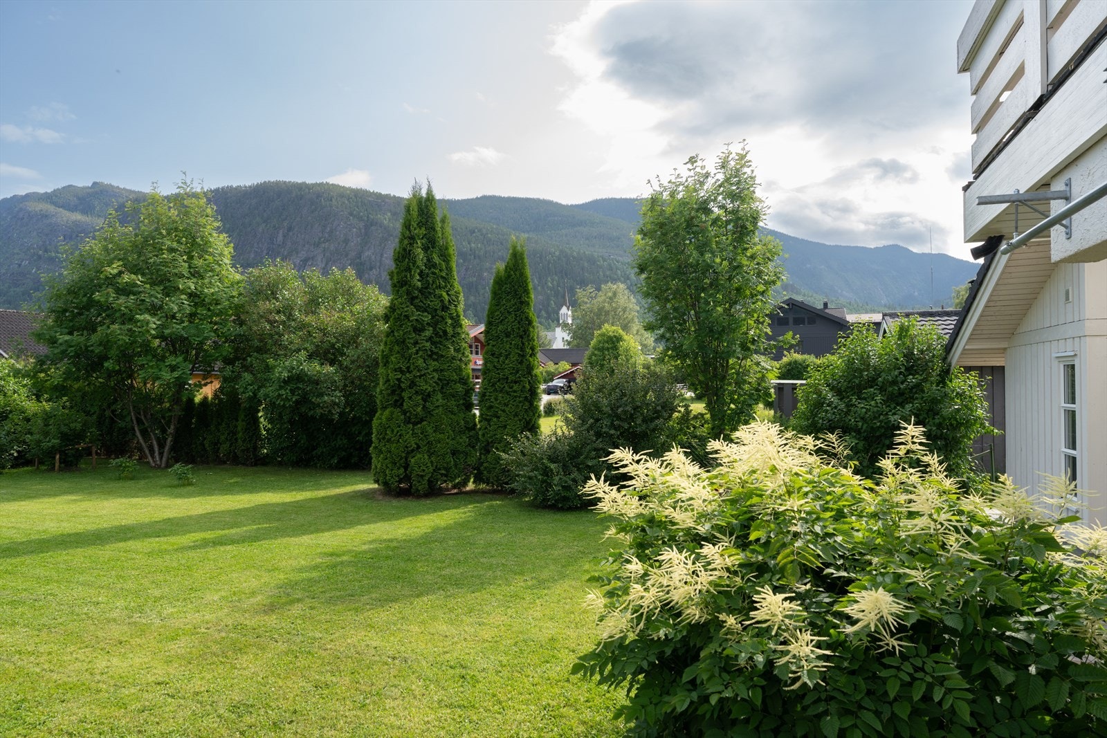 Pent opparbeidet tomt med plen og beplantning. Galleribilde