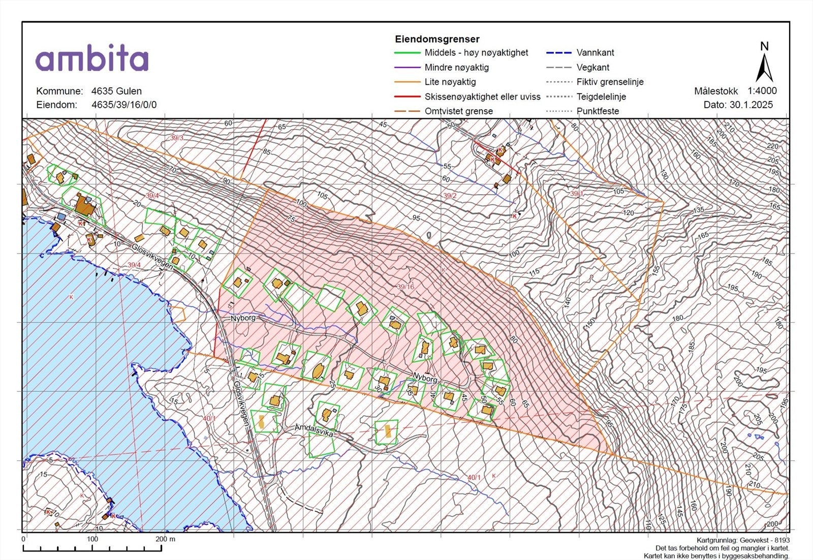 Kart over bnr. 16 - ca 96 mål. De utskilte bnr. 18, 19 og 32 ligger midt i kartbilde Galleribilde