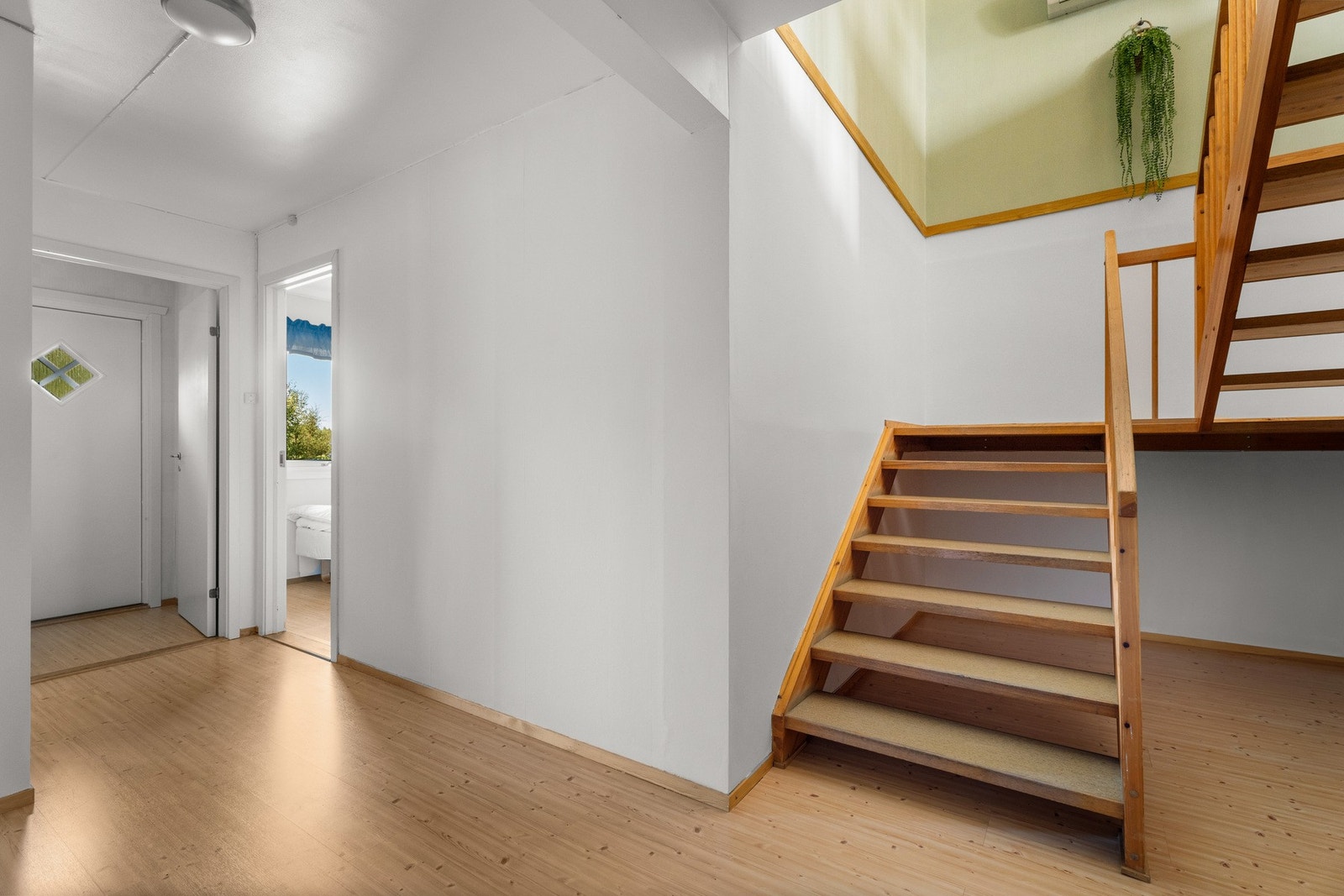 Fin entré og gang med hvitmalte vegger og gyllent laminatgulv Galleribilde