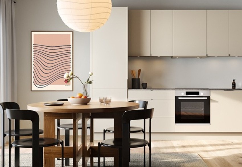 Moderne Sigdal-kjøkken i serien Vibbe, levert i fargen korn og komplett med integrerte hvitevarer. Illustrasjon avvik kan forekomme. Kjøkkentegning kan sees i vedleggene til salgsoppgaven. Galleribilde